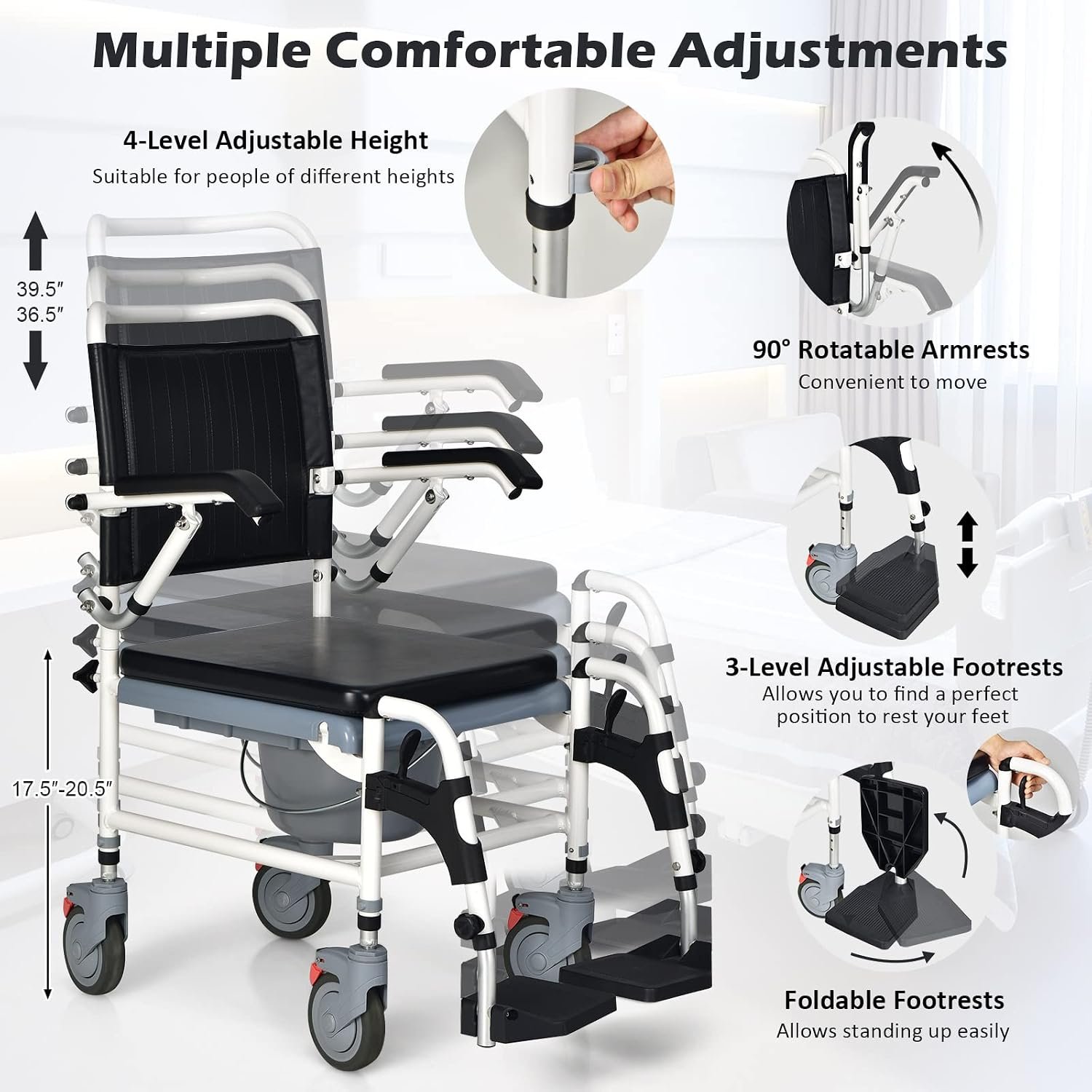 Giantex 4-in-1 Bedside Commode Shower Wheelchair, Commode Chair for Toilet with Arms, 4 Lockable Wheels, Detachable Bucket, Height Adjustable & Flip-up Footrest, Padded Mobile Toilet Chair - Image 4