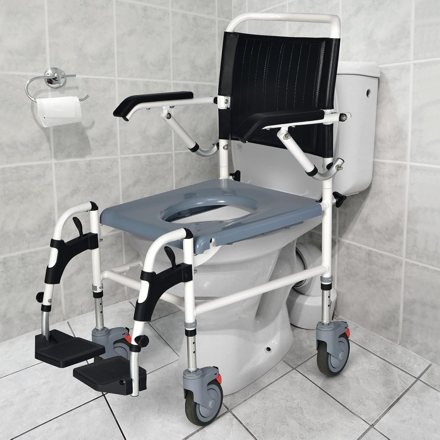 Giantex 4-in-1 Bedside Commode Shower Wheelchair, Commode Chair for Toilet with Arms, 4 Lockable Wheels, Detachable Bucket, Height Adjustable & Flip-up Footrest, Padded Mobile Toilet Chair - Image 9
