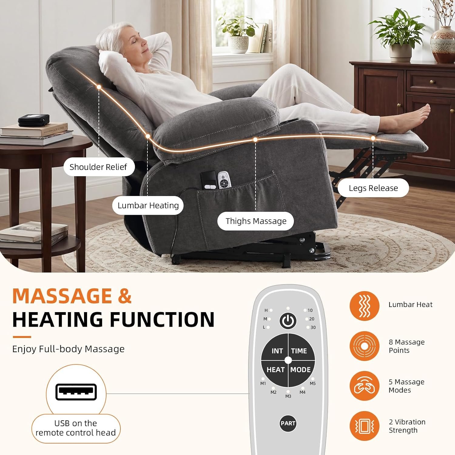Power Lift Recliner Chair for Elderly with Vibration Massage and Lumbar Heating Electric Recliner Sofa with Cup Holders and USB Charge Port for Living Room Comfort - Image 3