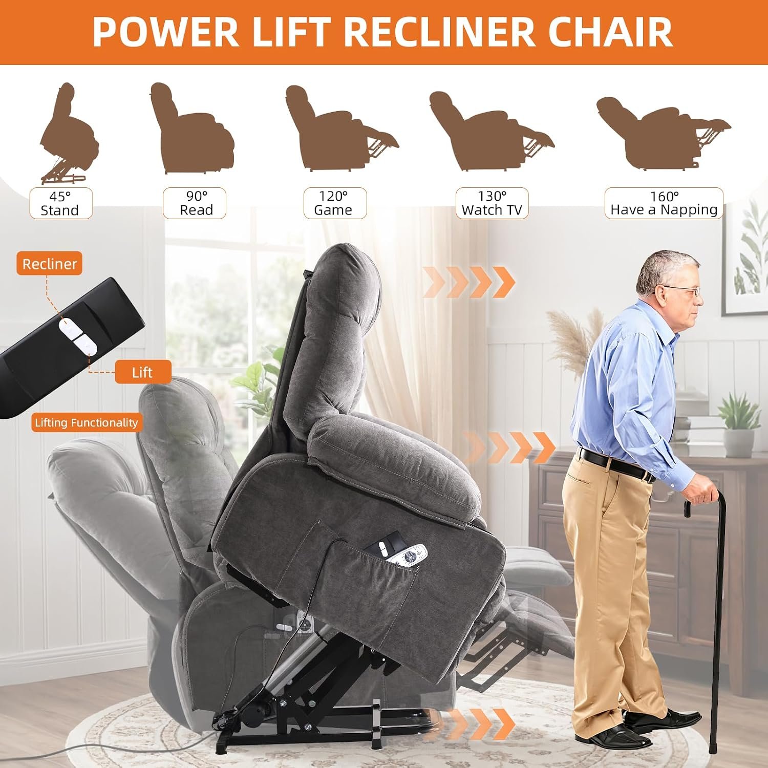 Power Lift Recliner Chair for Elderly with Vibration Massage and Lumbar Heating Electric Recliner Sofa with Cup Holders and USB Charge Port for Living Room Comfort - Image 6