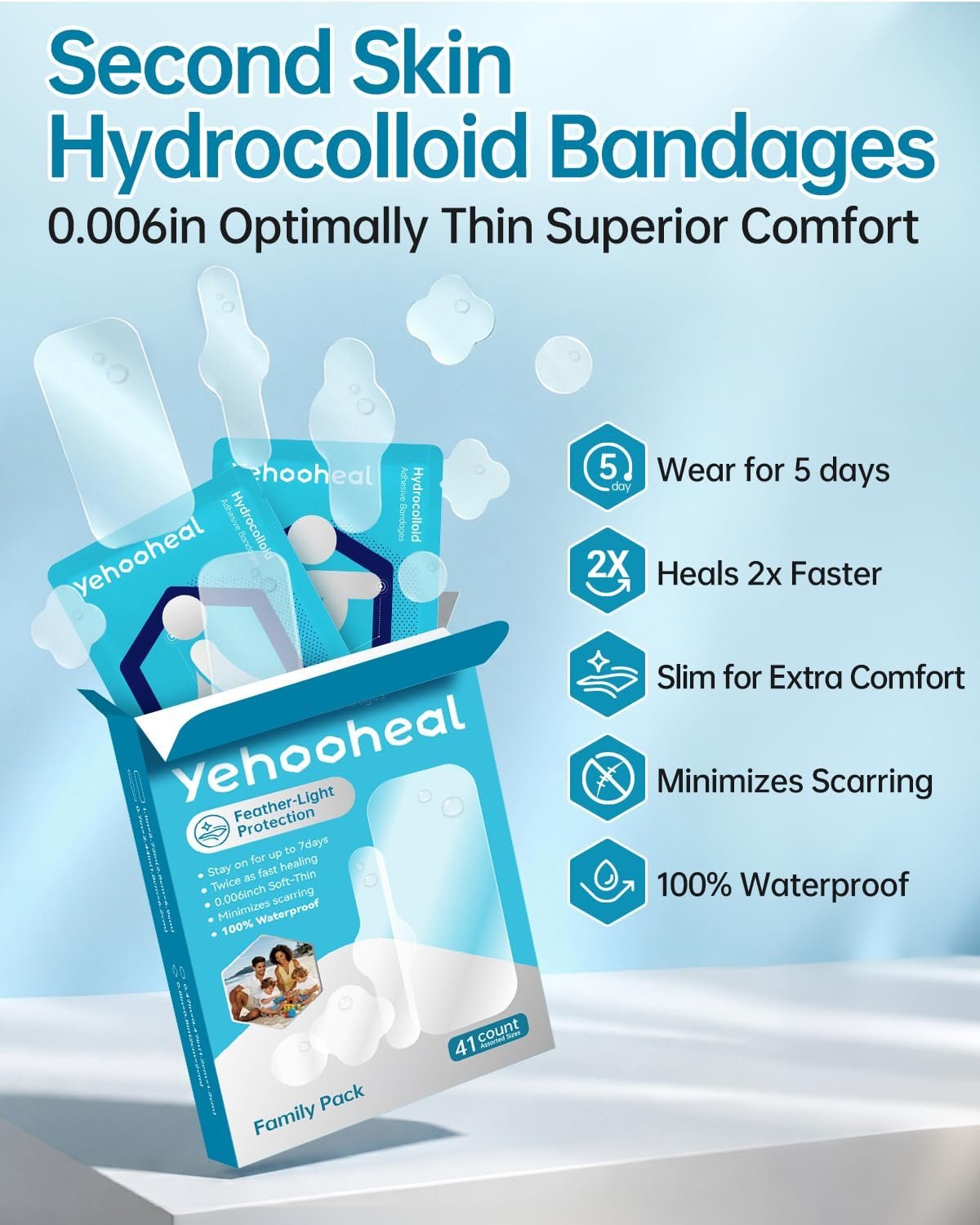 Hydrocolloid Bandages Variety Pack 0.006in Optimally Thin Second Skin 5 Day Protect Waterproof Faster Healing Less Scarring Individually Wrapped,for Cuts Scrapes Acne Pimple,41 Count(Assorted Sizes) - Image 2