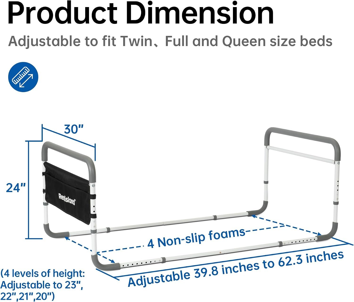Dual Bed Side Hand Rail, Bed Assist Rail Adjustable Medical Hospital Assistive Devices Bed Rails for Elderly Adults, Fits Queen, Full & Twin Beds - Image 3