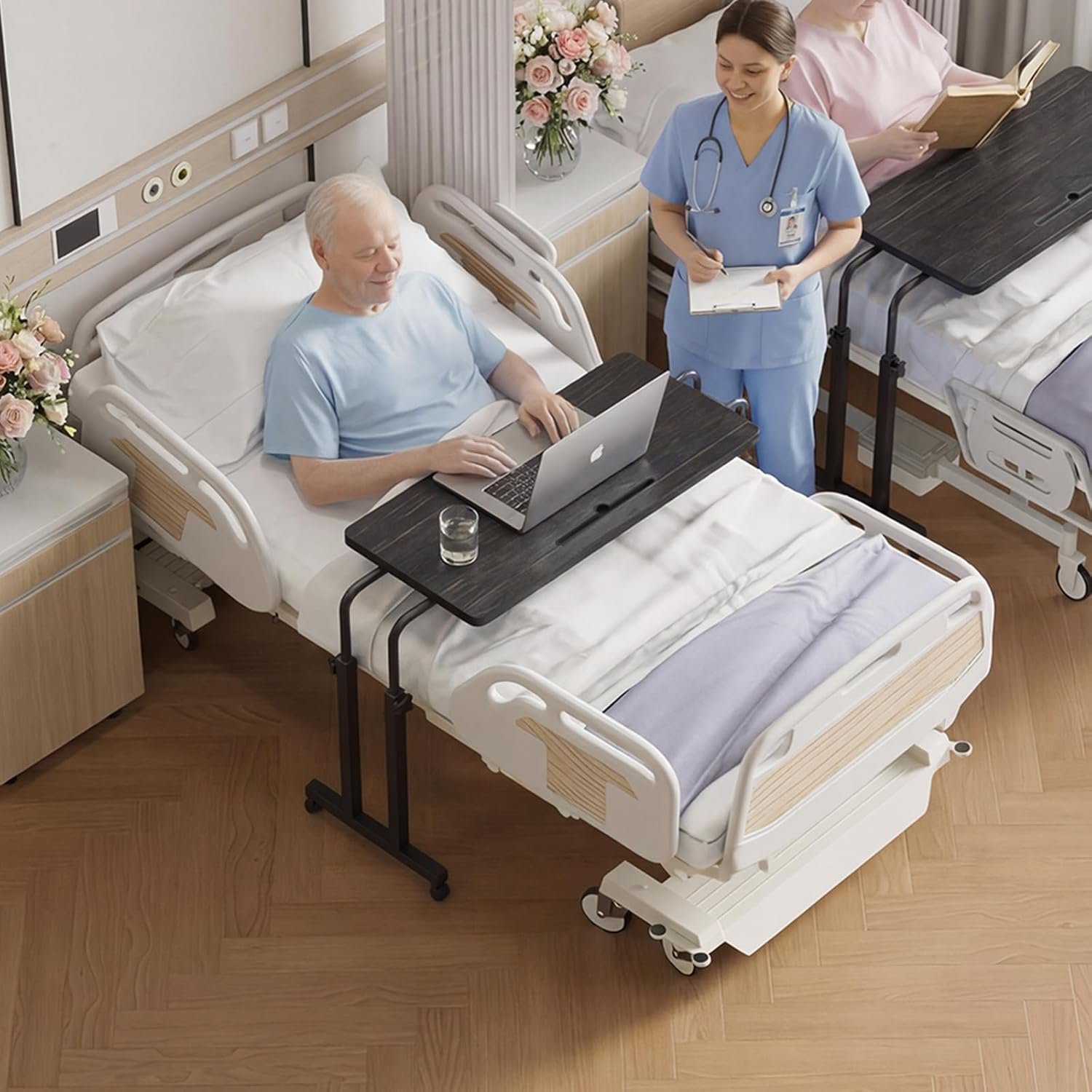 Overbed Table with Wheels, Height Adjustable Hospital Bed Table with Tablet Slot and Edge Stopper, Rolling Over Bed Desk for Recliner, Sofa, Single Bed, Laptop and Meals, Black - Image 3