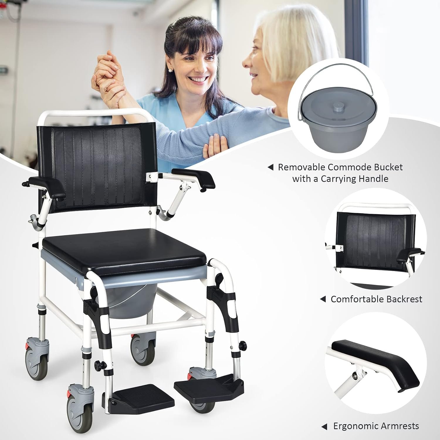 Giantex 4-in-1 Bedside Commode Shower Wheelchair, Commode Chair for Toilet with Arms, 4 Lockable Wheels, Detachable Bucket, Height Adjustable & Flip-up Footrest, Padded Mobile Toilet Chair - Image 3