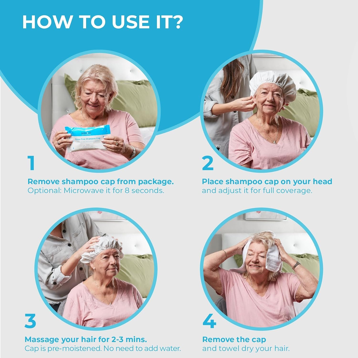 Scrubzz Shampoo Caps No Rinse for Elderly and Bedridden Patients, Rinse Free Shampoo Caps for Post Surgery and Hospital Stays, Waterless Hair Washing Shower Caps - 6 Pack - Image 6