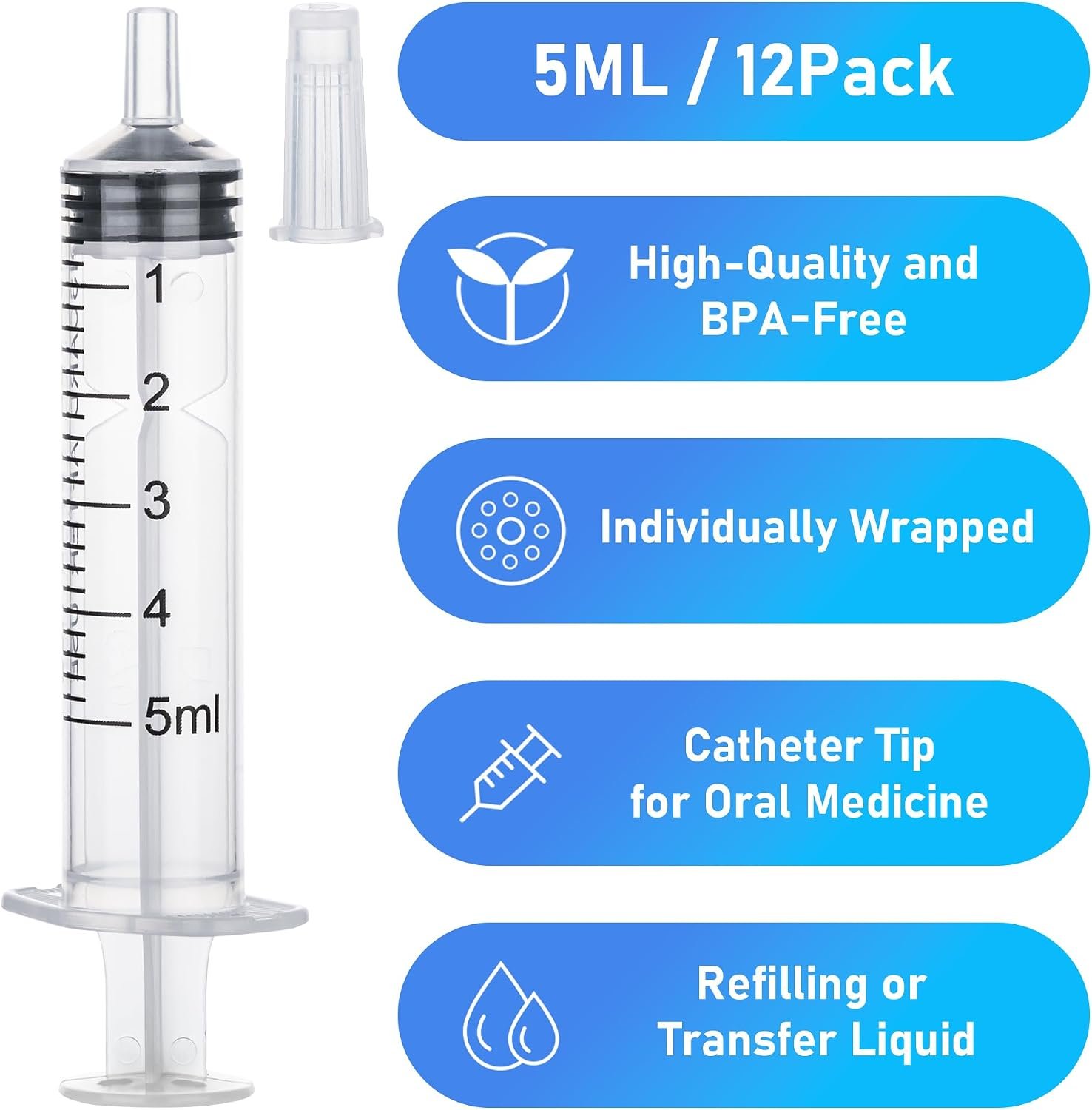 12Pack 5ml Syringes Without Needle for Liquid, Plastic Syringes with Cap for Feeding Pets, Measuring, Refilling, Oil, Individually Sealed - Image 2
