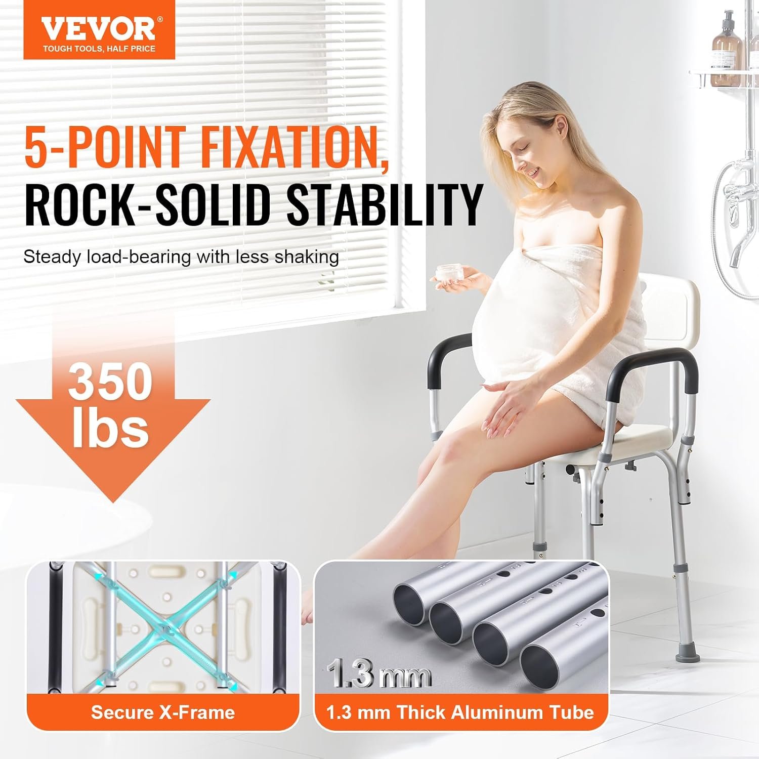 VEVOR Shower Chair, Shower Seat with Back, Adjustable Height Shower Stool, Shower Chair for Inside Shower Bathtub, Non-Slip Bathroom Bench Bath Chair for Elderly Disabled Handicap, 350 LBS Capacity - Image 2