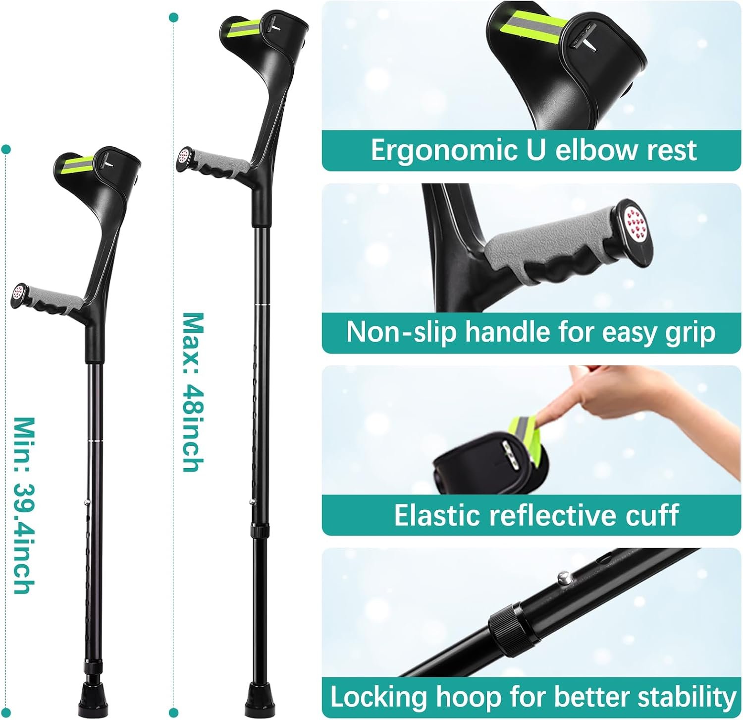 Forearm Crutches for Adults, Lightweight Folding Arm Crutch Forearm with Anti-Drop Cuff, 10 Levels Adjustable Height, Muletas para Adultos for Heavy Duty (Black) (Large) - Image 2