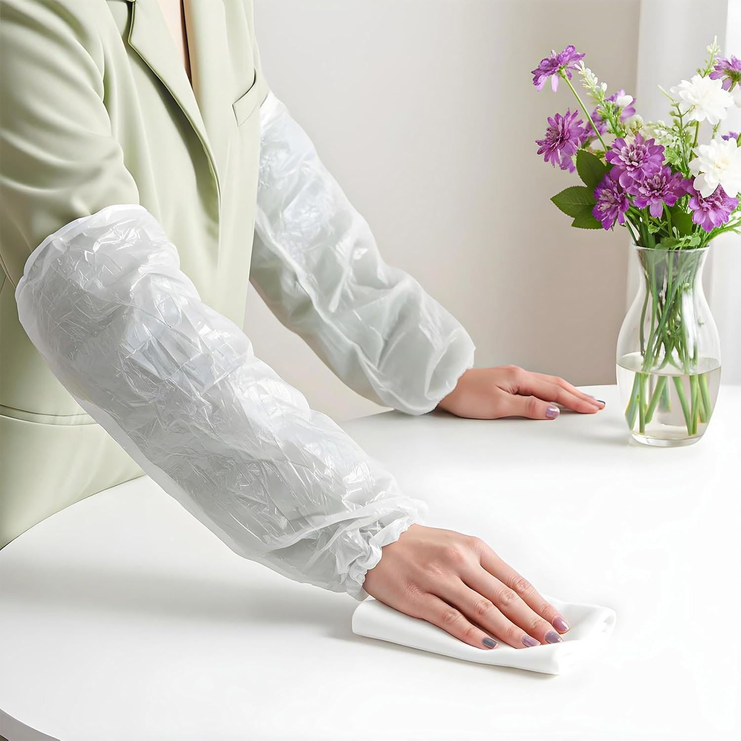 400Pcs Disposable Arm Sleeves Covers, 17.7" Long Waterproof PE Oversleeves with Elastic Cuffs for Painting, Cleaning, Tattooing & Food Handling - Image 7