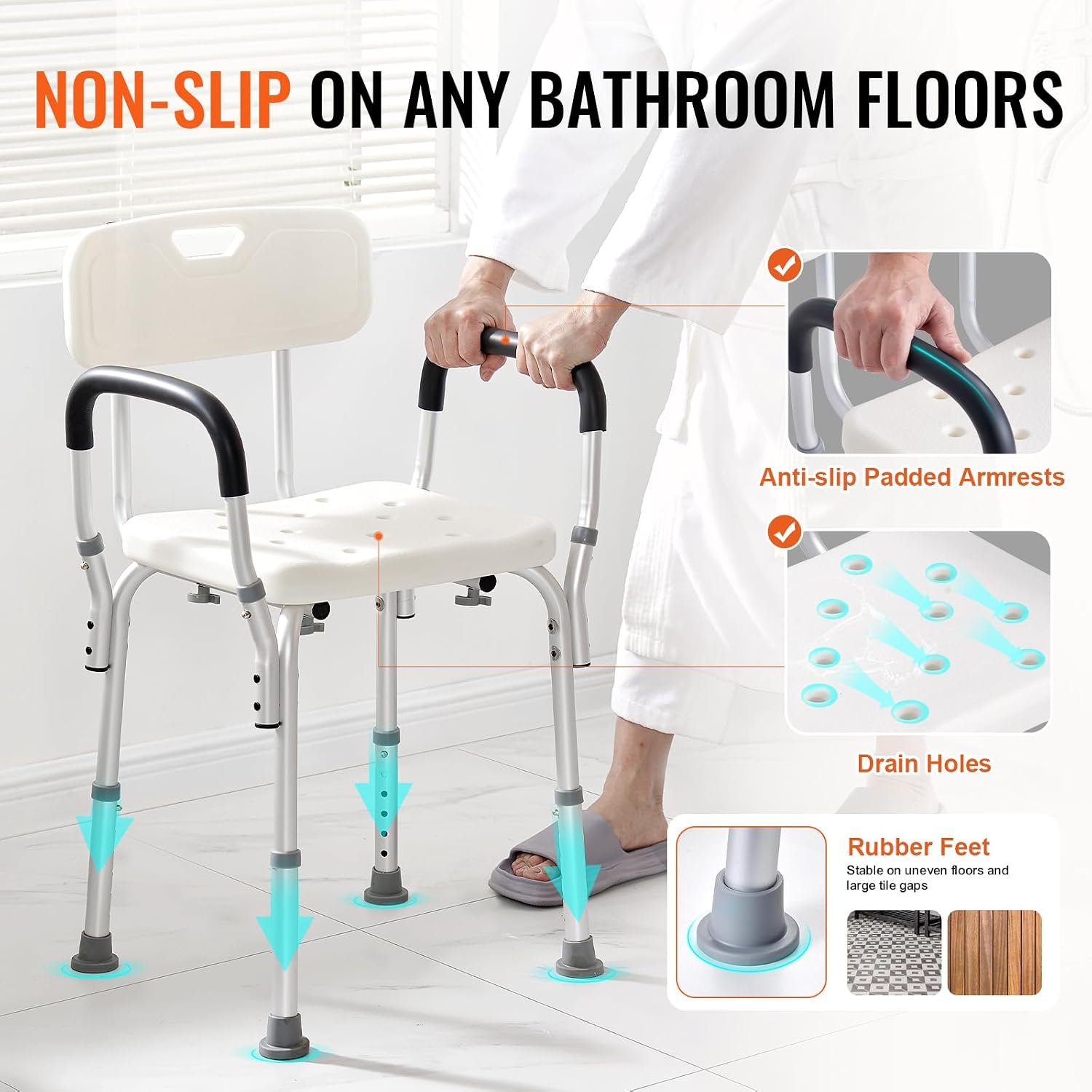 VEVOR Shower Chair, Shower Seat with Back, Adjustable Height Shower Stool, Shower Chair for Inside Shower Bathtub, Non-Slip Bathroom Bench Bath Chair for Elderly Disabled Handicap, 350 LBS Capacity - Image 3
