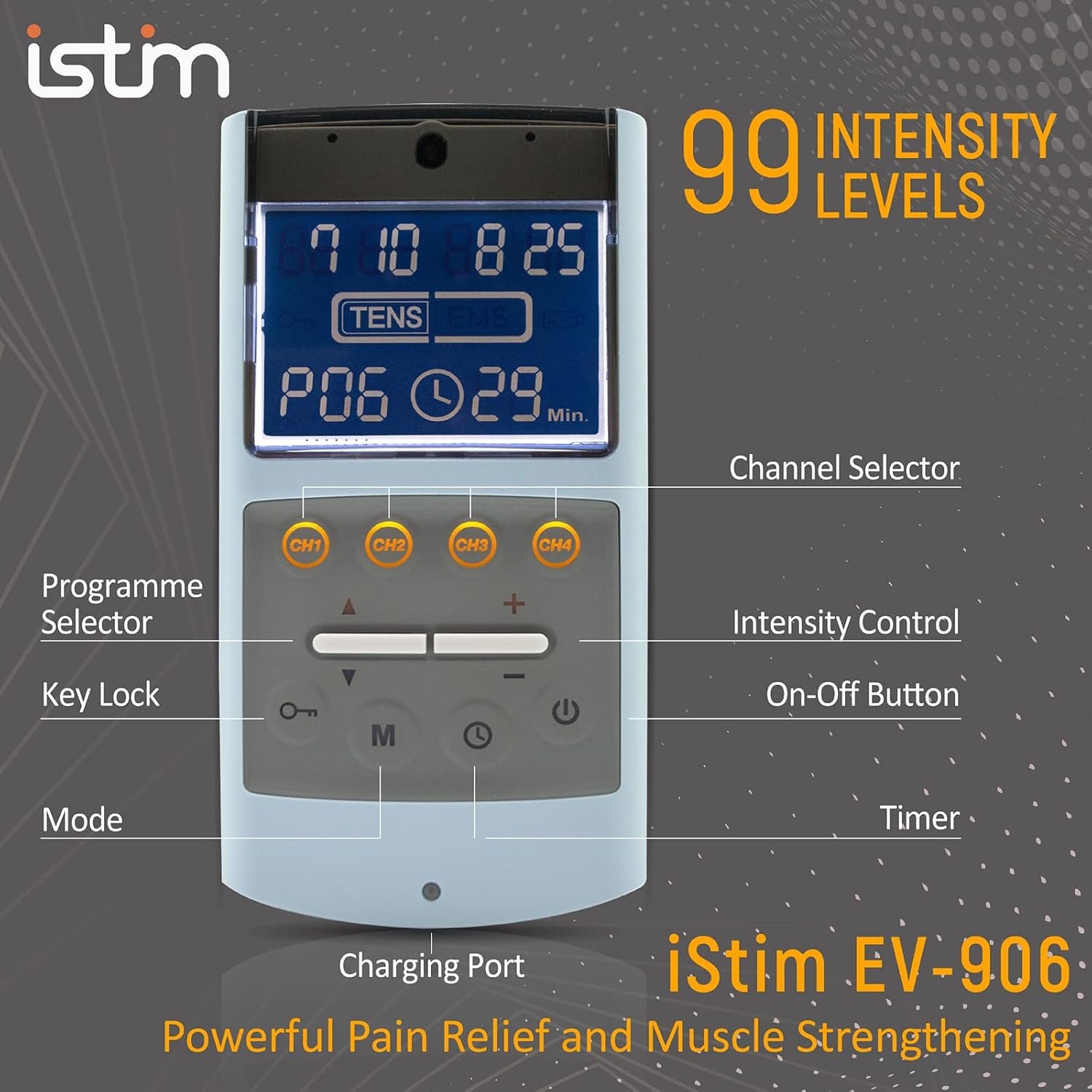 iStim TENS EMS Muscle Stimulator, EV-906 for Pain Relief and Muscle Strengthening, Japanese Gelled Electrodes Included - Image 3