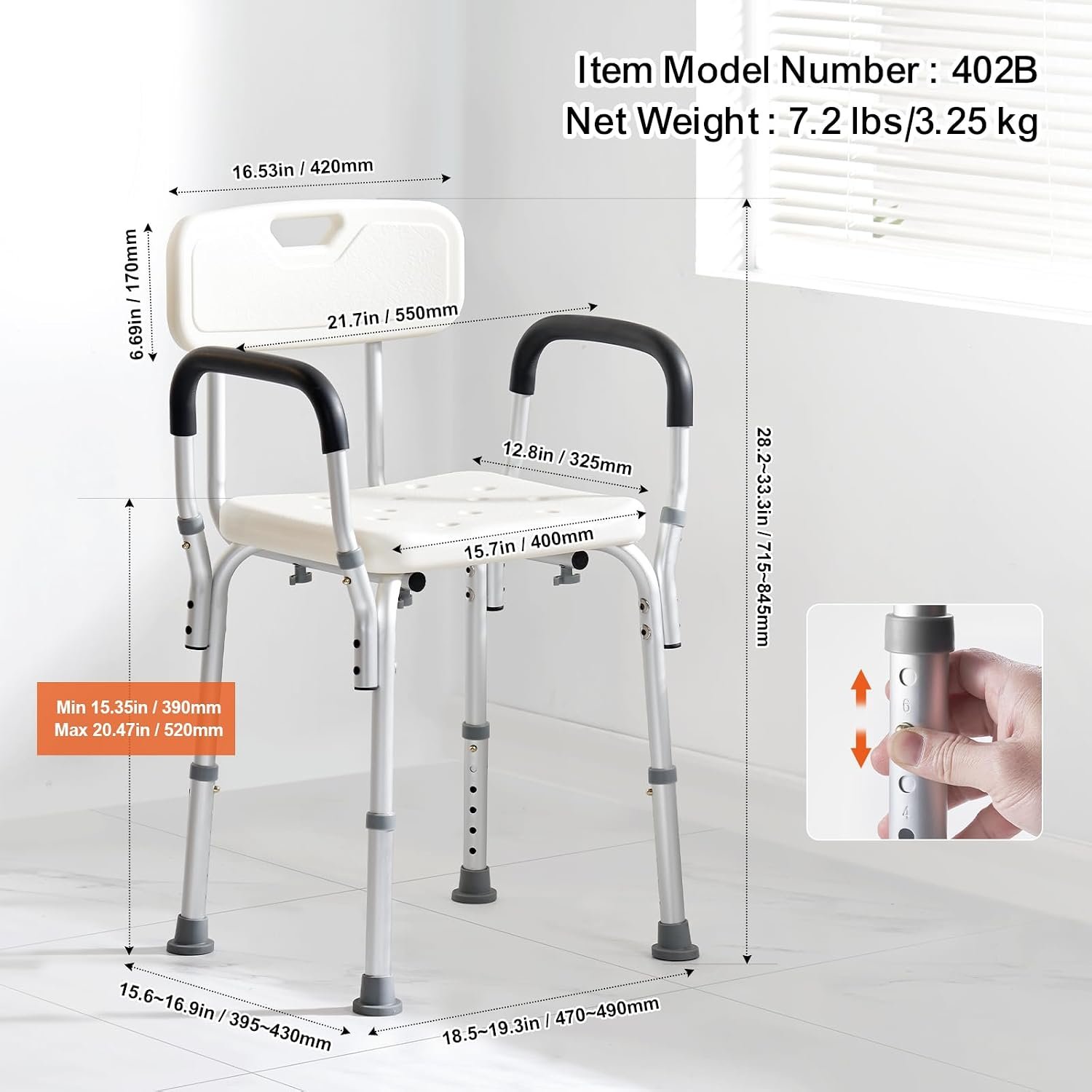 VEVOR Shower Chair, Shower Seat with Back, Adjustable Height Shower Stool, Shower Chair for Inside Shower Bathtub, Non-Slip Bathroom Bench Bath Chair for Elderly Disabled Handicap, 350 LBS Capacity - Image 6