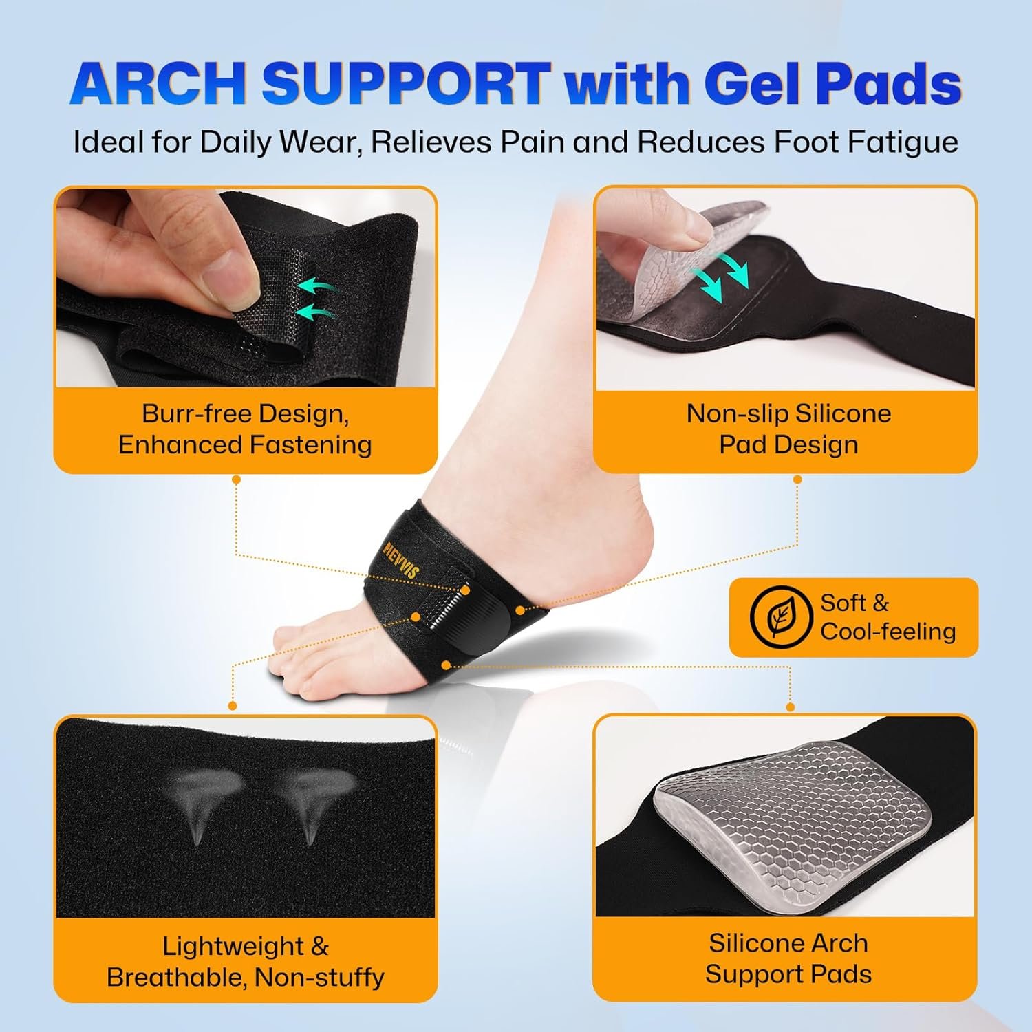 NEVVIS Arch Support Braces with Replaceable Gel Pads, Adjustable Orthotic Arch Support for Women Men, Relief for Plantar Fasciitis, High Arch, Flat Feet, Foot Fatigue, Arch Pain, 4 Pads with 2 Heights - Image 5
