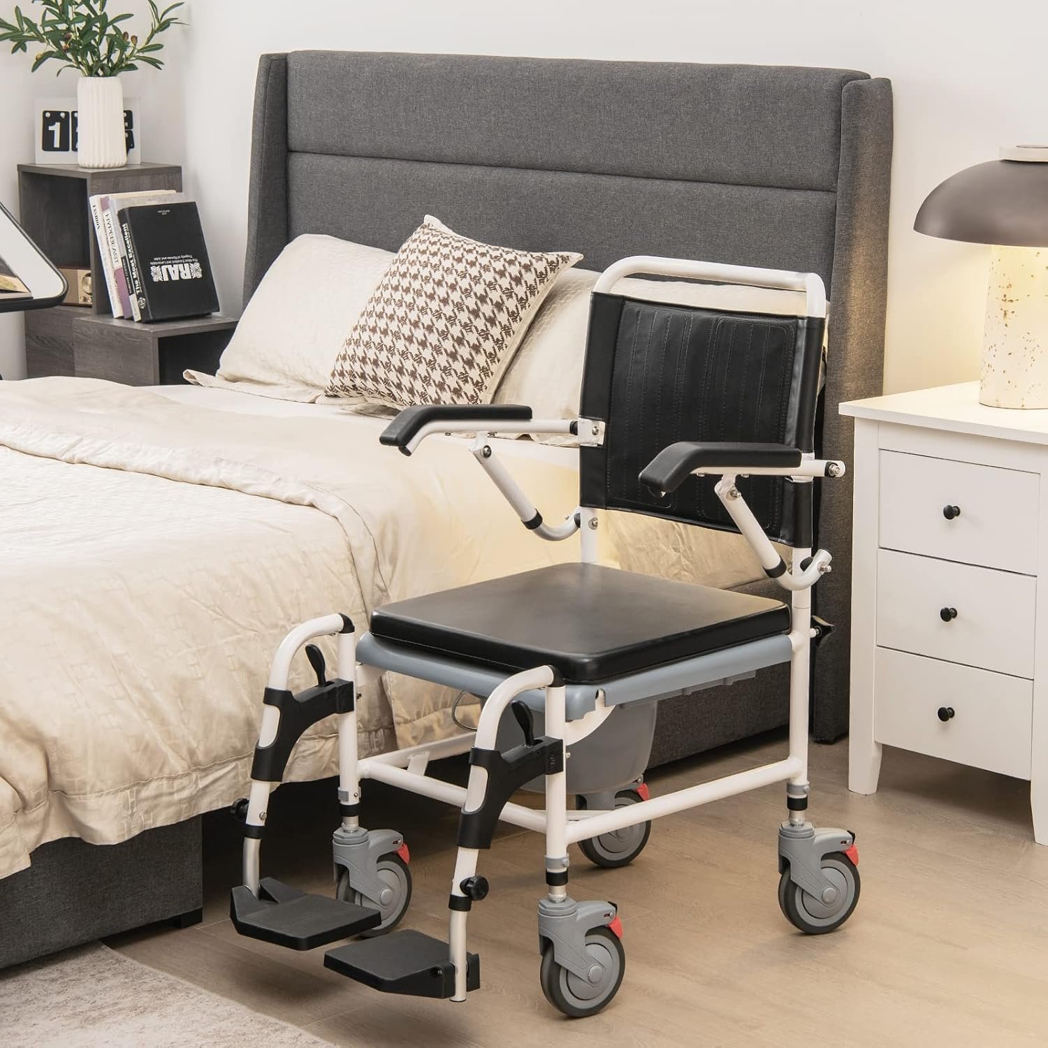 Giantex 4-in-1 Bedside Commode Shower Wheelchair, Commode Chair for Toilet with Arms, 4 Lockable Wheels, Detachable Bucket, Height Adjustable & Flip-up Footrest, Padded Mobile Toilet Chair - Image 2