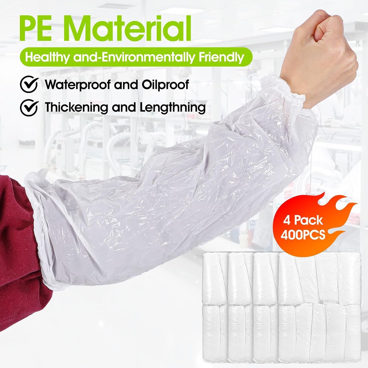400Pcs Disposable Arm Sleeves Covers, 17.7" Long Waterproof PE Oversleeves with Elastic Cuffs for Painting, Cleaning, Tattooing & Food Handling - Image 4