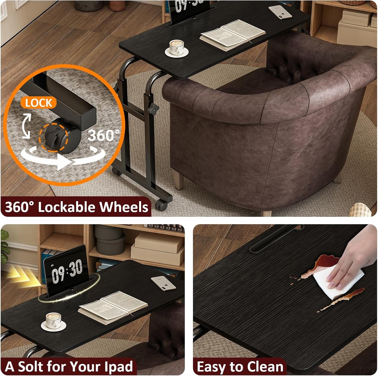 Overbed Table with Wheels, Height Adjustable Hospital Bed Table with Tablet Slot and Edge Stopper, Rolling Over Bed Desk for Recliner, Sofa, Single Bed, Laptop and Meals, Black - Image 7