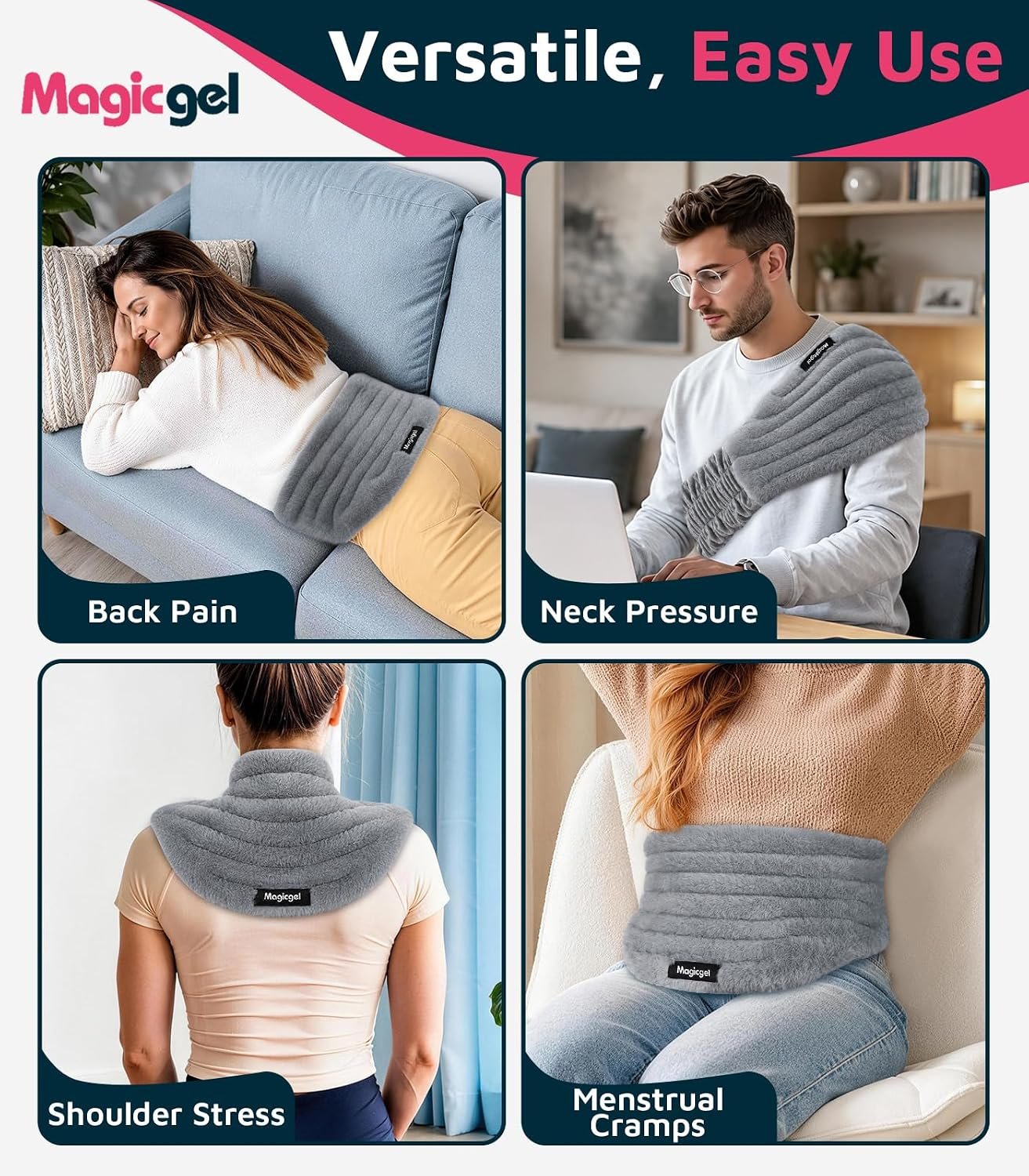 Magic Gel Microwave Heating Pad for Back Pain Relief, Clay Moist Heat Wrap with Adjustable Strap, Reusable Hot Therapy Pack for Lower Back, Period Cramps, Neck, Shoulder & Muscle Tension, Gray - Image 5