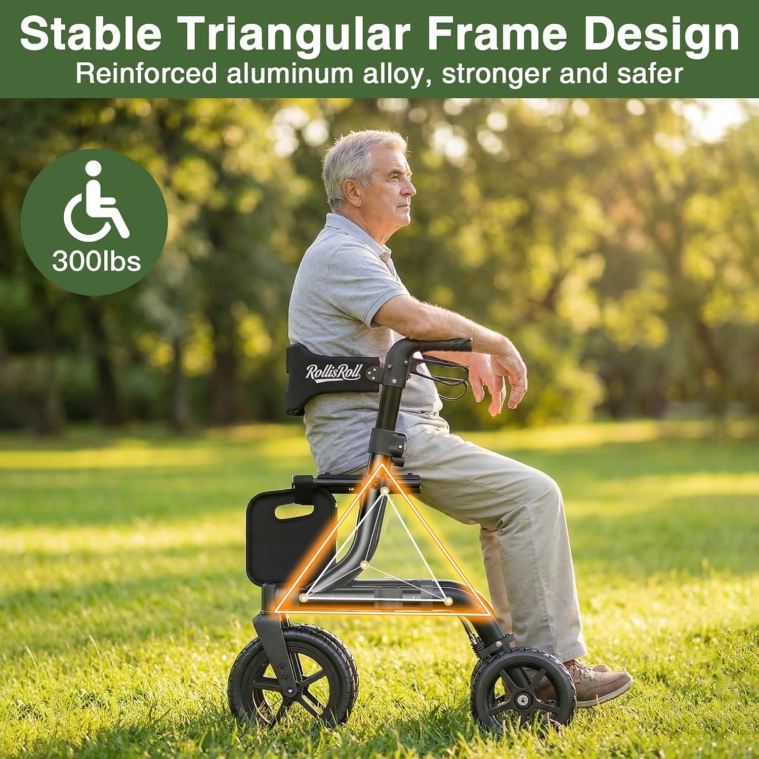 Walkers for Seniors, Rollator Walker with Seat, 12" Big Rubber Wheels All Terrain Rolling Walker, Foldable Rollator Walker, Built-in Cable, Reinforced Aluminum Frame, Black - Image 5