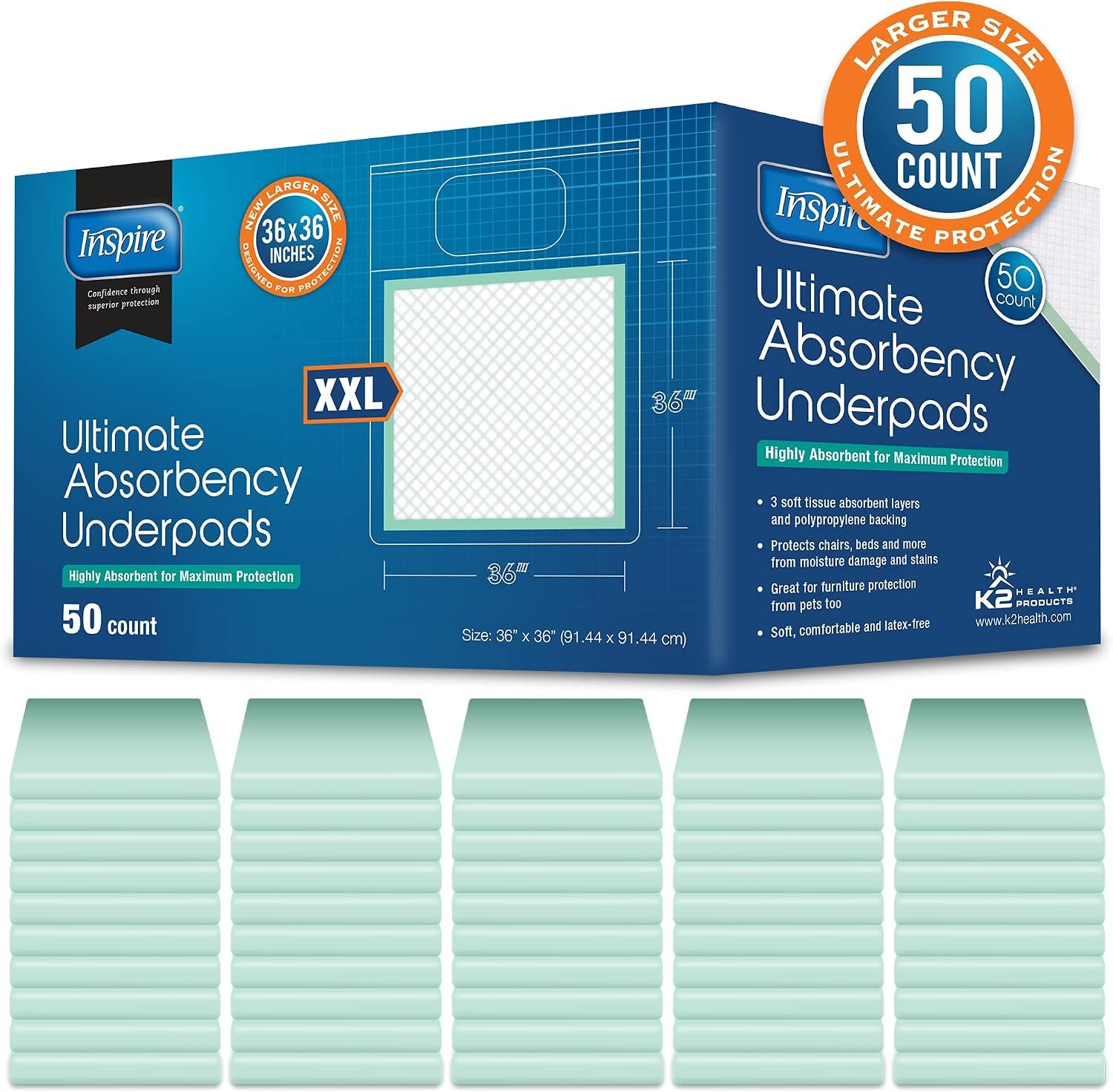 Inspire Super Absorbent Disposable Bed Pads for Chronic Incontinence Ultra Thick and Absorbent Bed Pads Disposable Adult | Pee Pads for Adults (36" X 36" Pack of 50) XX Large - Image 7