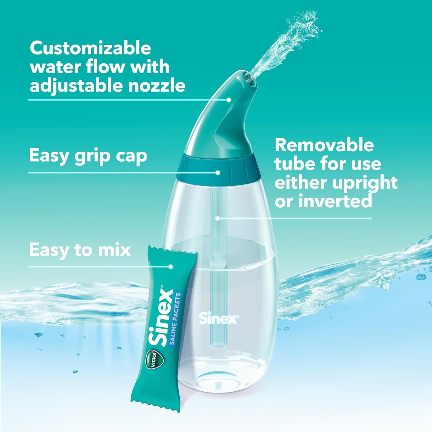 Vicks Sinex Saline Nasal Rinse Starter Kit, Drug Free Saline, Flush Out Mucus and Allergens, Fast & Effective Relief for Everyday Congestion from Sinus & Allergy, 1 Bottle + 30 Refill Packets - Image 3