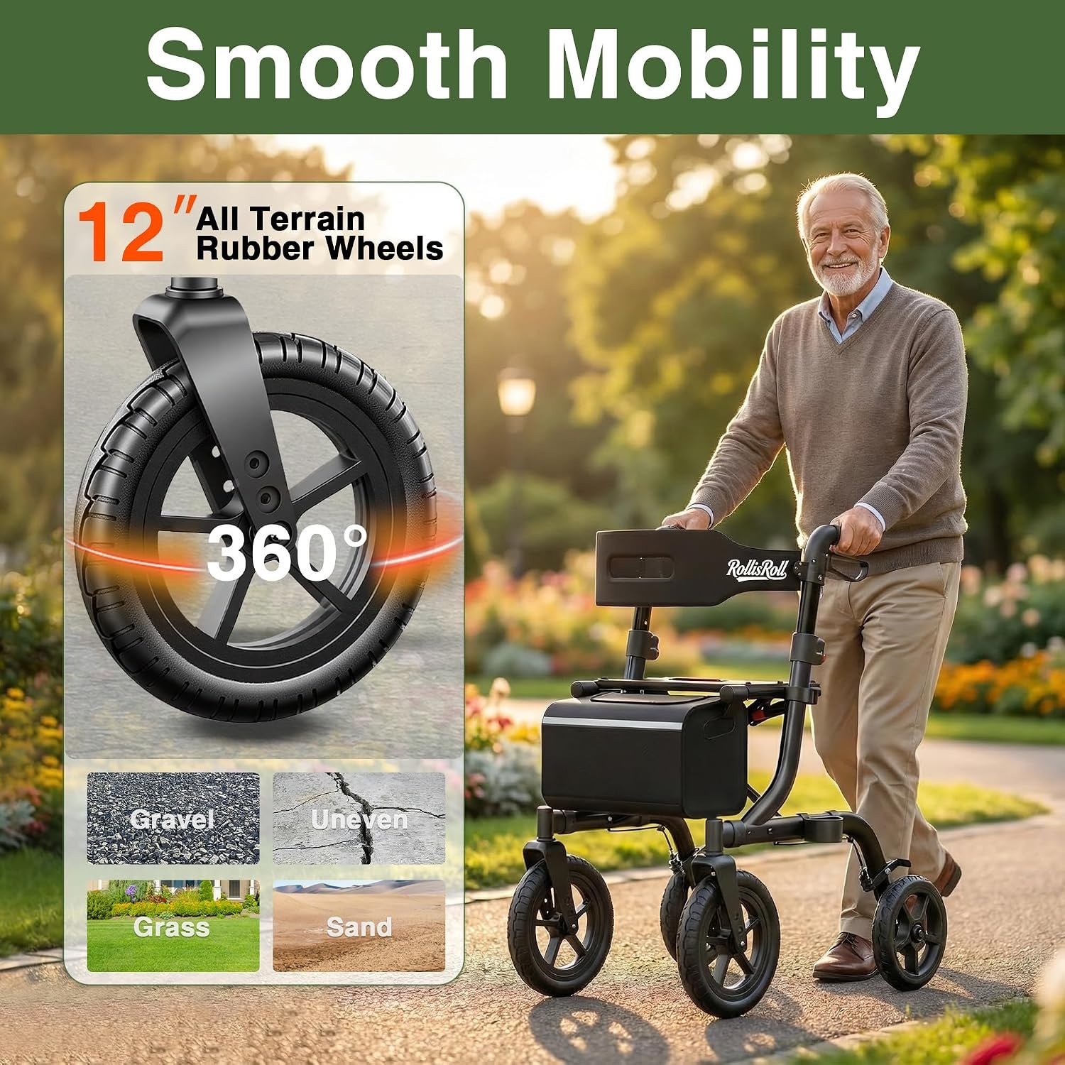 Walkers for Seniors, Rollator Walker with Seat, 12" Big Rubber Wheels All Terrain Rolling Walker, Foldable Rollator Walker, Built-in Cable, Reinforced Aluminum Frame, Black - Image 3