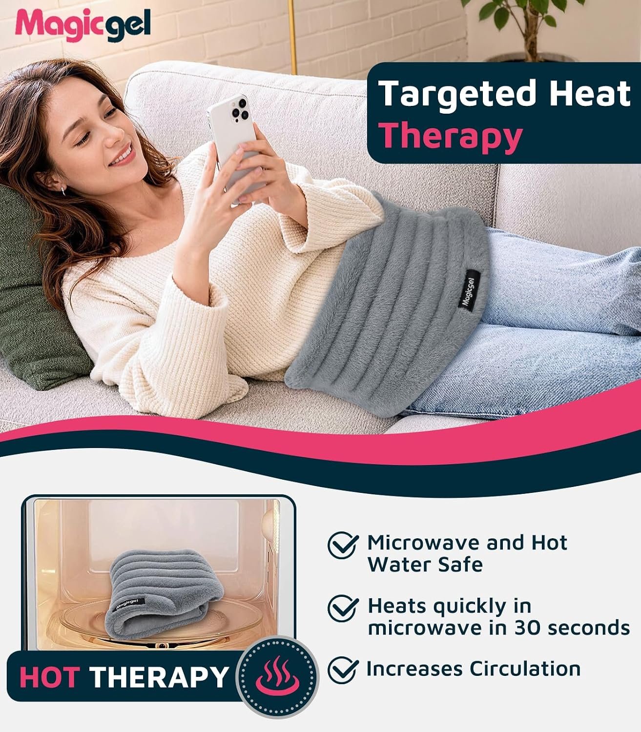 Magic Gel Microwave Heating Pad for Back Pain Relief, Clay Moist Heat Wrap with Adjustable Strap, Reusable Hot Therapy Pack for Lower Back, Period Cramps, Neck, Shoulder & Muscle Tension, Gray - Image 4