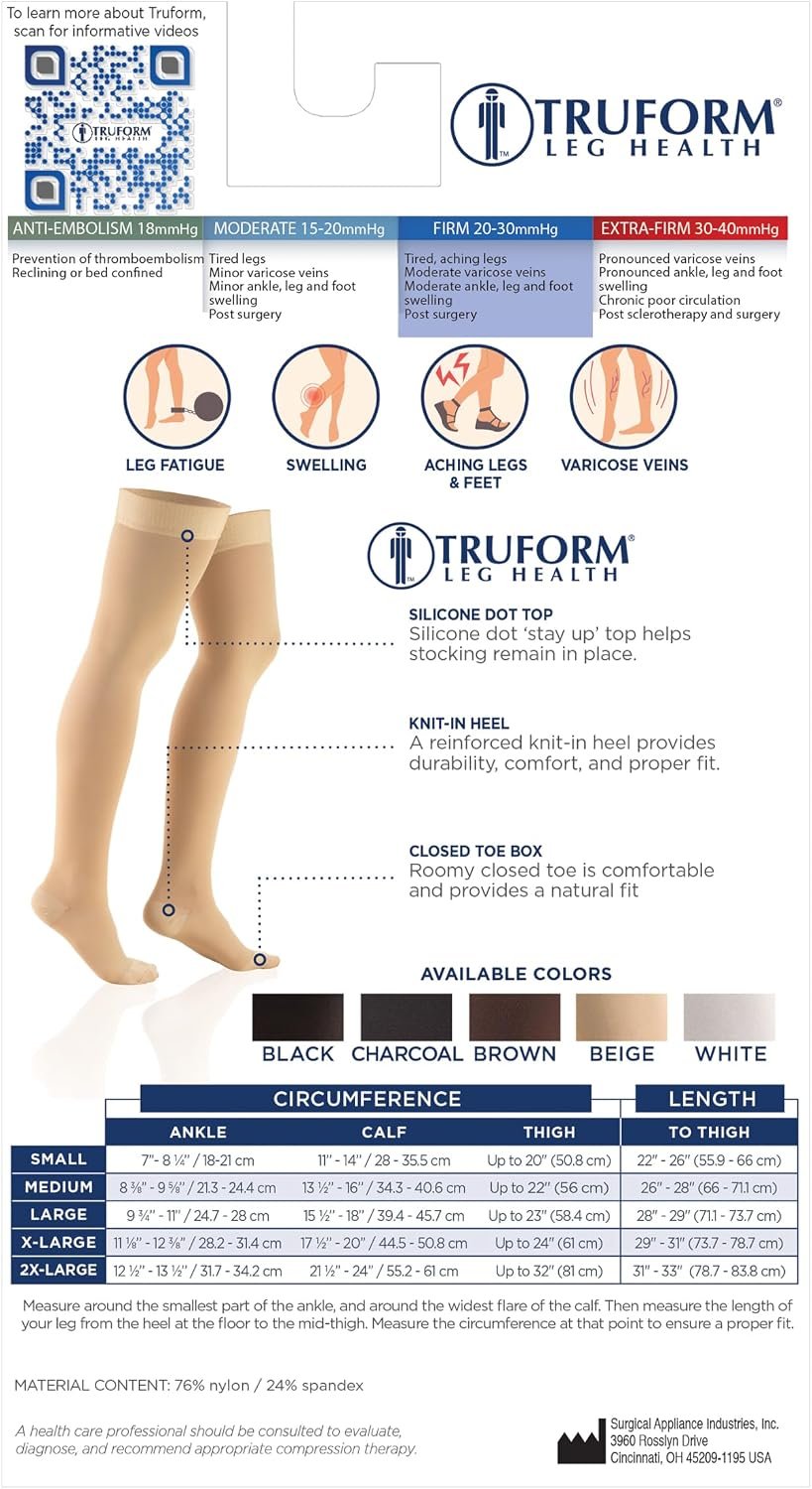 Truform 20-30 Mmhg Compression Stockings for Men & Women, Thigh High Length, Dot Top, Closed Toe, Black, Large (20-30 Mmhg) - Image 8