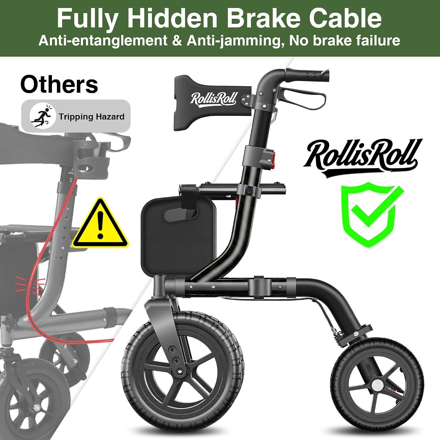 Walkers for Seniors, Rollator Walker with Seat, 12" Big Rubber Wheels All Terrain Rolling Walker, Foldable Rollator Walker, Built-in Cable, Reinforced Aluminum Frame, Black - Image 2