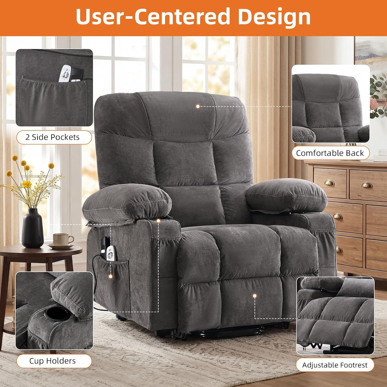 Power Lift Recliner Chair for Elderly with Vibration Massage and Lumbar Heating Electric Recliner Sofa with Cup Holders and USB Charge Port for Living Room Comfort - Image 5