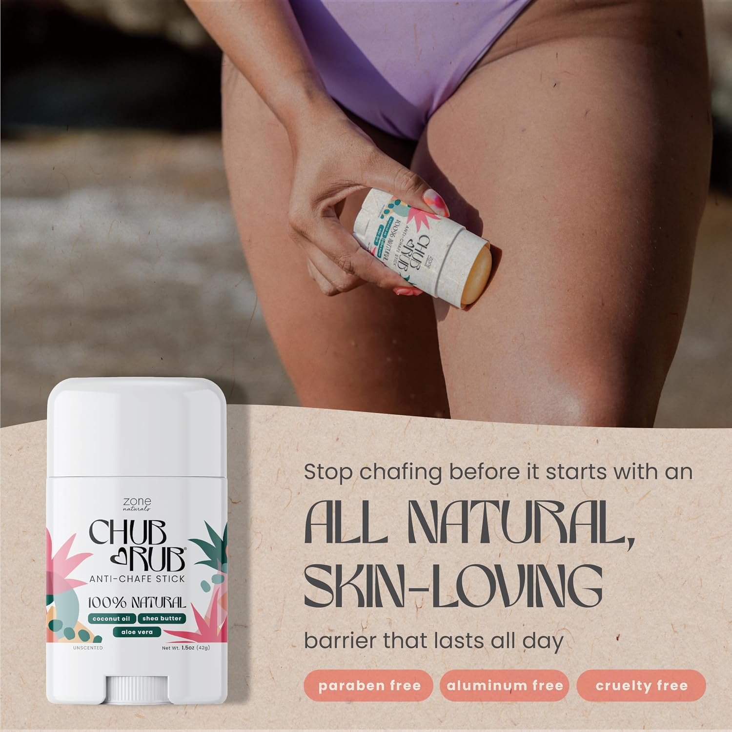 Zone Naturals Chafing Stick - 100% Natural Chub Rub Stick - Friction Defense Anti Chafing Stick Reduces Rubbing and Irritation - 1.5 Ounce - Image 3