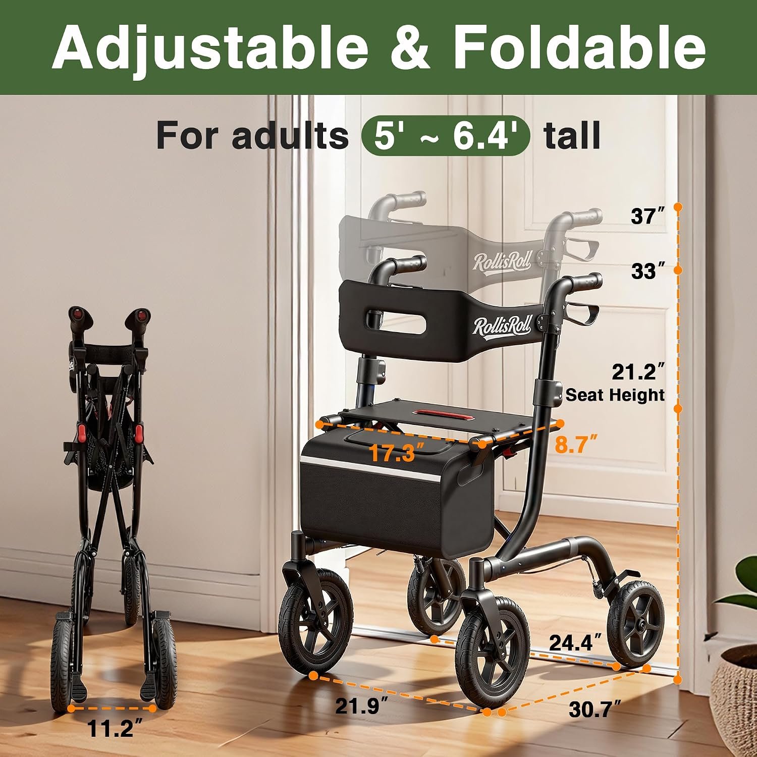Walkers for Seniors, Rollator Walker with Seat, 12" Big Rubber Wheels All Terrain Rolling Walker, Foldable Rollator Walker, Built-in Cable, Reinforced Aluminum Frame, Black - Image 4
