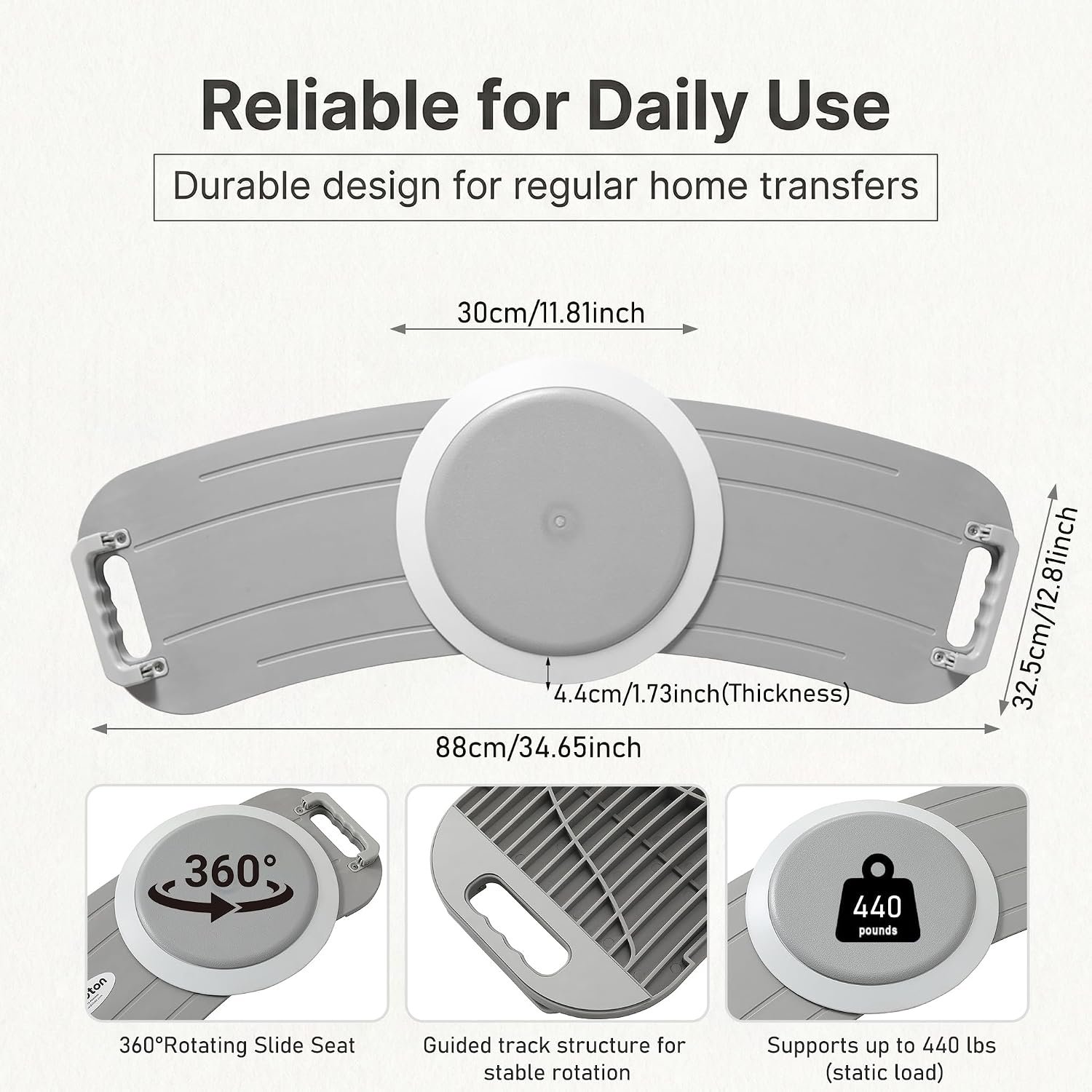 Transfer Board with Turntable & Dual Assisted Handles, Gray – Heavy Duty Sliding Transfer Board for Wheelchair to Bed, Chair Transfers, Non-Slip Mobility Aid for Elderly & Caregivers, FSA HSA Eligible - Image 6