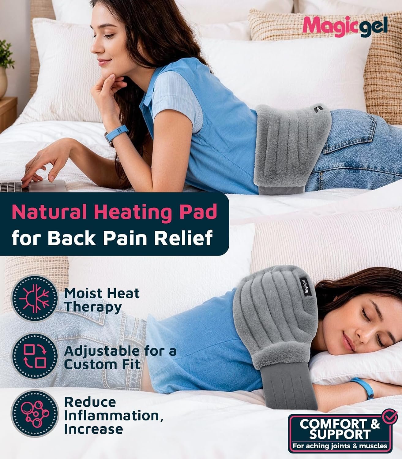 Magic Gel Microwave Heating Pad for Back Pain Relief, Clay Moist Heat Wrap with Adjustable Strap, Reusable Hot Therapy Pack for Lower Back, Period Cramps, Neck, Shoulder & Muscle Tension, Gray - Image 2