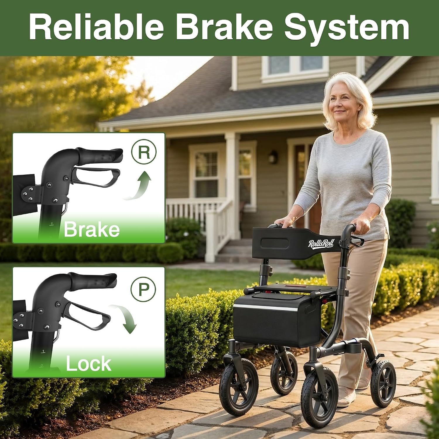 Walkers for Seniors, Rollator Walker with Seat, 12" Big Rubber Wheels All Terrain Rolling Walker, Foldable Rollator Walker, Built-in Cable, Reinforced Aluminum Frame, Black - Image 8