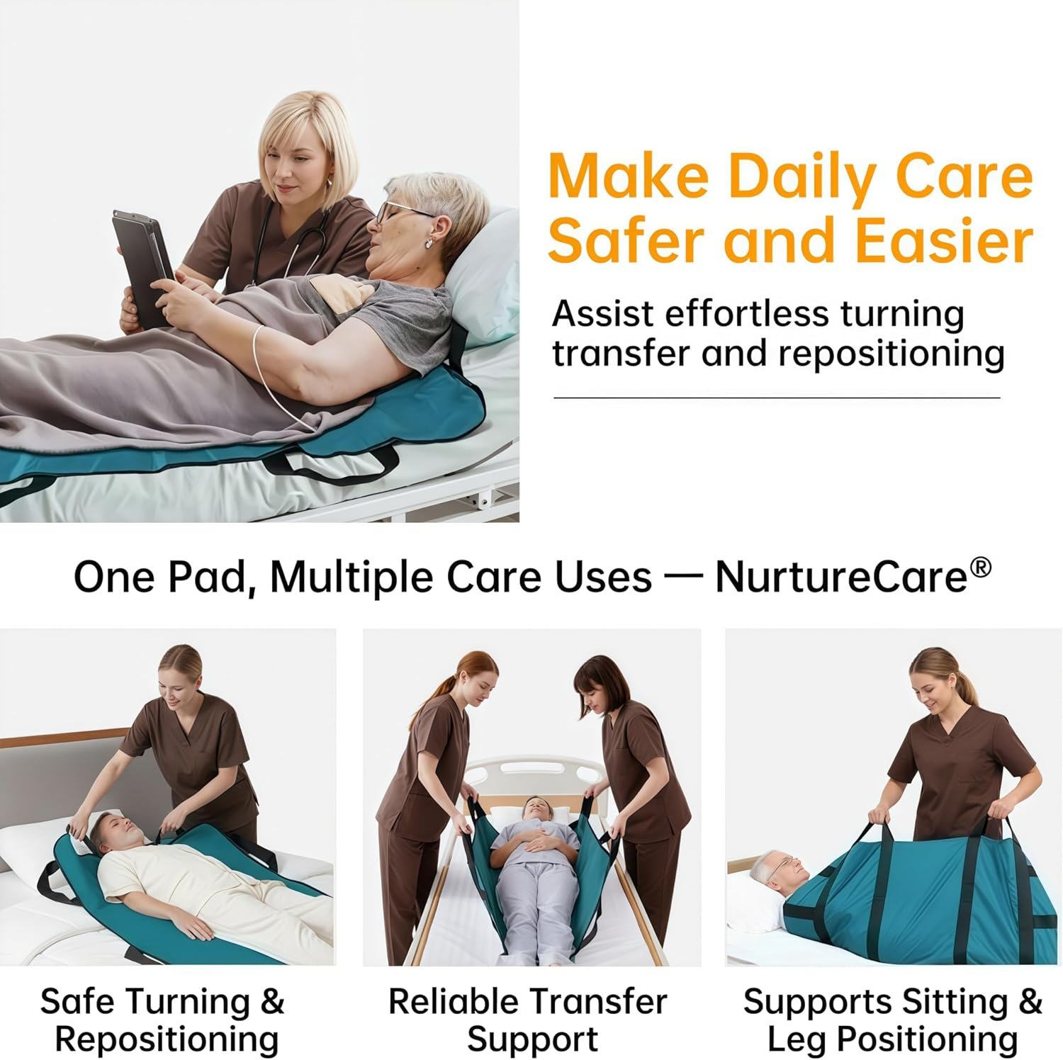 Upgraded 3-Layer Positioning Bed Pad with Handles, Transfer & Slide Sheet for Elderly Care, Waterproof Washable Draw Sheet for Turning, Lifting & Repositioning (48" x 40", Green) - Image 2