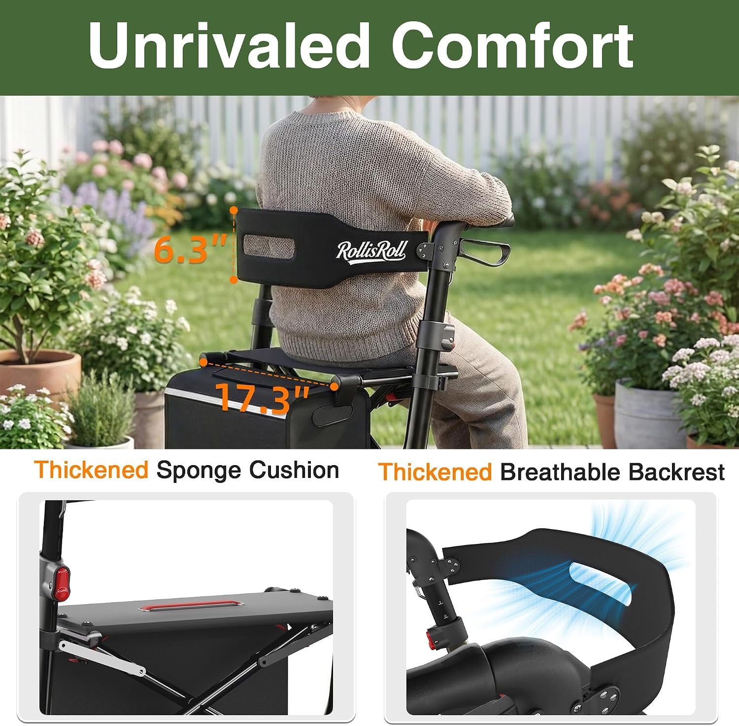 Walkers for Seniors, Rollator Walker with Seat, 12" Big Rubber Wheels All Terrain Rolling Walker, Foldable Rollator Walker, Built-in Cable, Reinforced Aluminum Frame, Black - Image 6