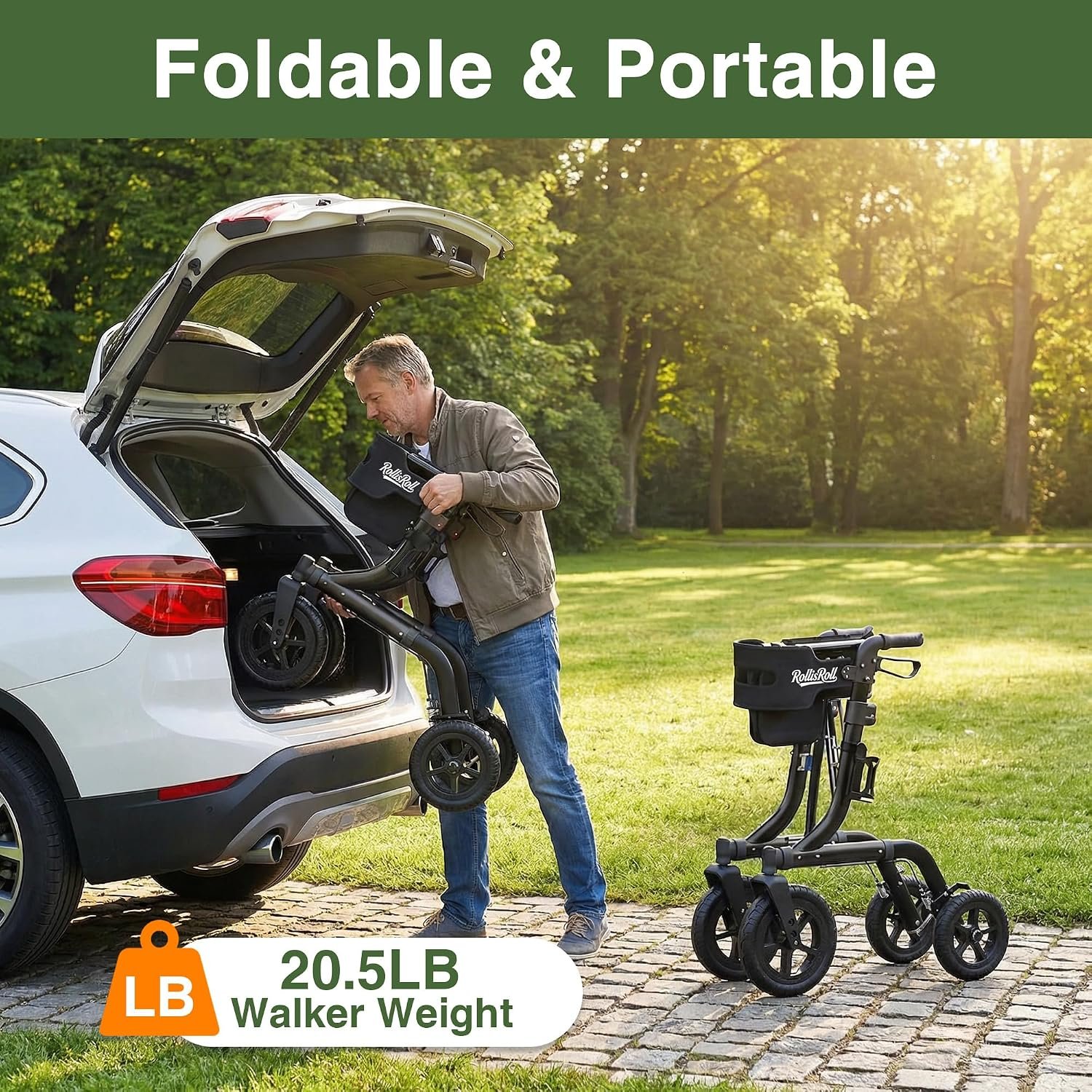 Walkers for Seniors, Rollator Walker with Seat, 12" Big Rubber Wheels All Terrain Rolling Walker, Foldable Rollator Walker, Built-in Cable, Reinforced Aluminum Frame, Black - Image 7