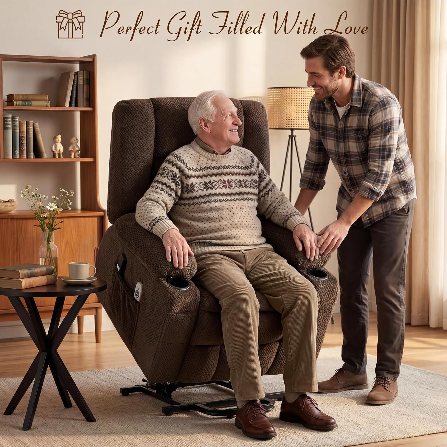 Power Lift Recliner Chair for Elderly, Electric Reclining Lift Chair with Massage and Heating, Comfy Overstuffed Recliner Single Sofa with Cup Holders, Pockets, USB Charge Port for Living Room, Brown - Image 9