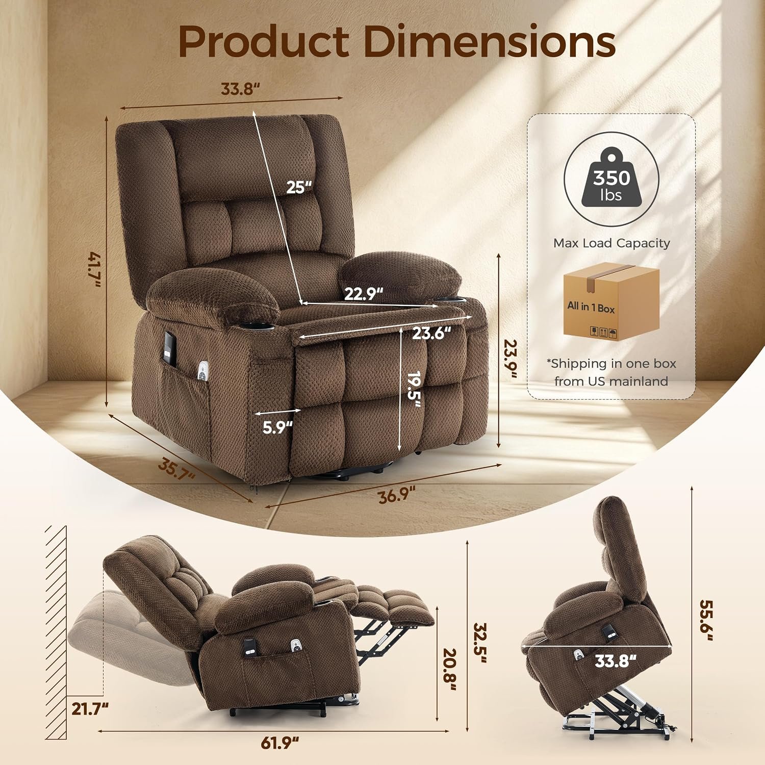 Power Lift Recliner Chair for Elderly, Electric Reclining Lift Chair with Massage and Heating, Comfy Overstuffed Recliner Single Sofa with Cup Holders, Pockets, USB Charge Port for Living Room, Brown - Image 2