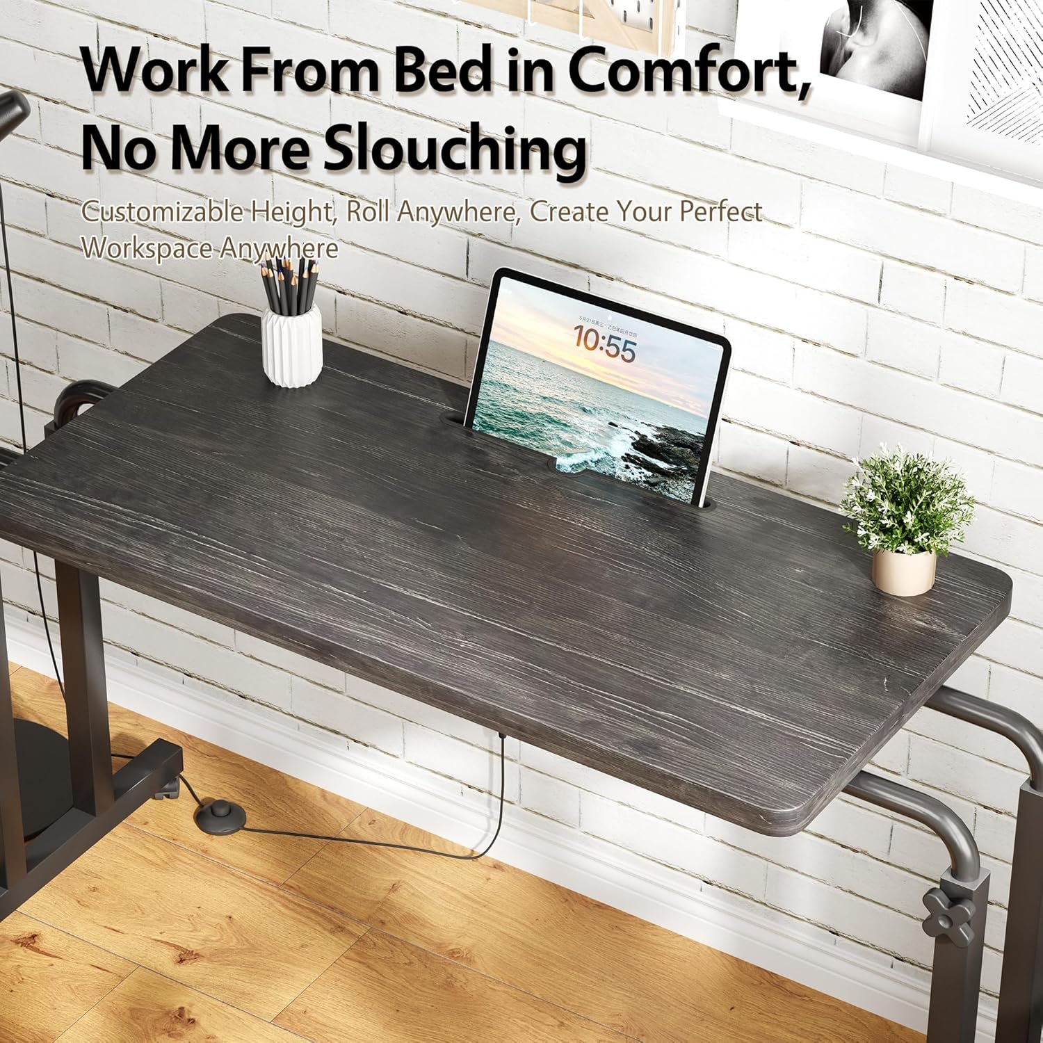 Overbed Table with Wheels, Height Adjustable Hospital Bed Table with Tablet Slot and Edge Stopper, Rolling Over Bed Desk for Recliner, Sofa, Single Bed, Laptop and Meals, Black - Image 6