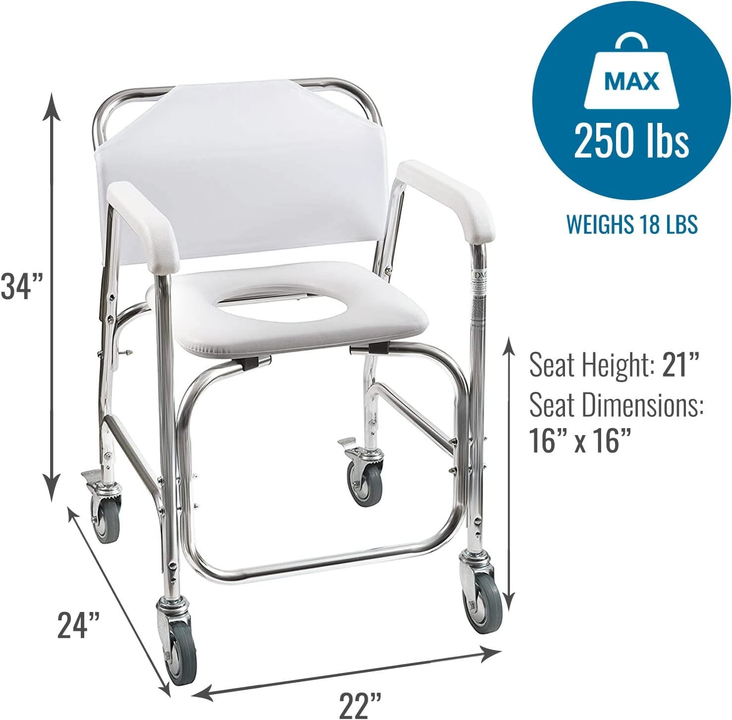 DMI Rolling Shower Chair, Commode, Transport Chair, FSA Eligible, Rolling Bathroom Wheelchair for Handicap, Elderly, Injured or Disabled, 250 Lb. Weight Capacity, Aluminum Frame, White - Image 5