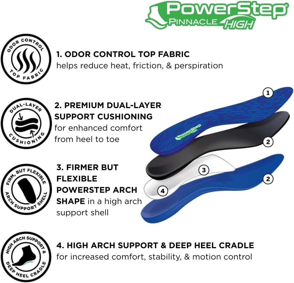 PowerStep Pinnacle High Arch Orthotics Insoles, High Arch Pain Relief, Plantar Fasciitis Relief, Supination, Supports Foot, Arch & Heel Pain, Made in The USA - Image 3