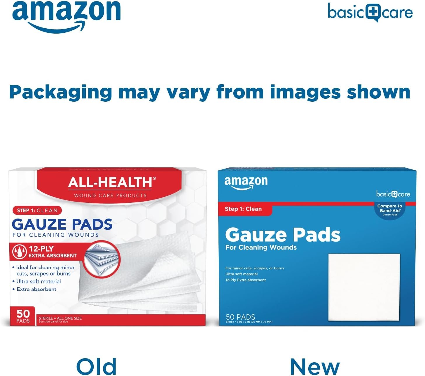 Amazon Basic Care Gauze Pads, 3x3 inches Sterile Medical Wound Dressing Sponges, 12-Ply, Ultra Soft, Extra Absorbent, 50 Count, 1-Pack (Previously All Health) - Image 2