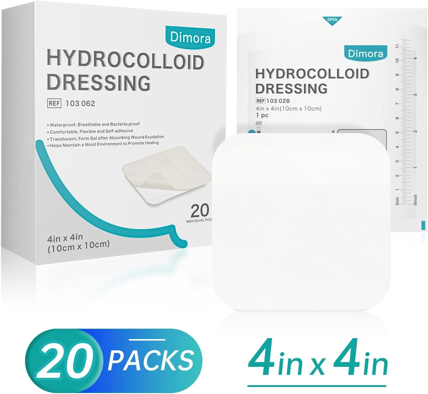 Dimora 20 Pack Hydrocolloid Wound Dressing, Ultra Thin 4" x 4" Large Patch Bandages with Self-Adhesive - Image 2