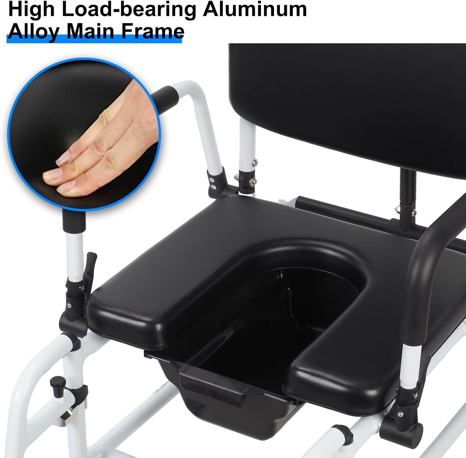 Reclining Shower Chair with Wheels | Commode Wheelchair for Seniors, Disabled, Bariatric & Handicap - Padded Transfer Rolling Chairs with Adjustable Commode Wheelchair Black White - Image 8