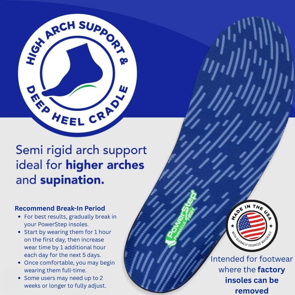 PowerStep Pinnacle High Arch Orthotics Insoles, High Arch Pain Relief, Plantar Fasciitis Relief, Supination, Supports Foot, Arch & Heel Pain, Made in The USA - Image 4