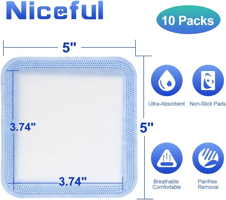 Niceful Super Absorbent Wound Dressing 5" x 5" (10 Pcs) – Sterile Non Stick Gauze Pads for Wound Care, Heavy Exudate Large Bandages for Pressure Ulcers, Bedsores, Diabetic Foot Ulcers - Image 5
