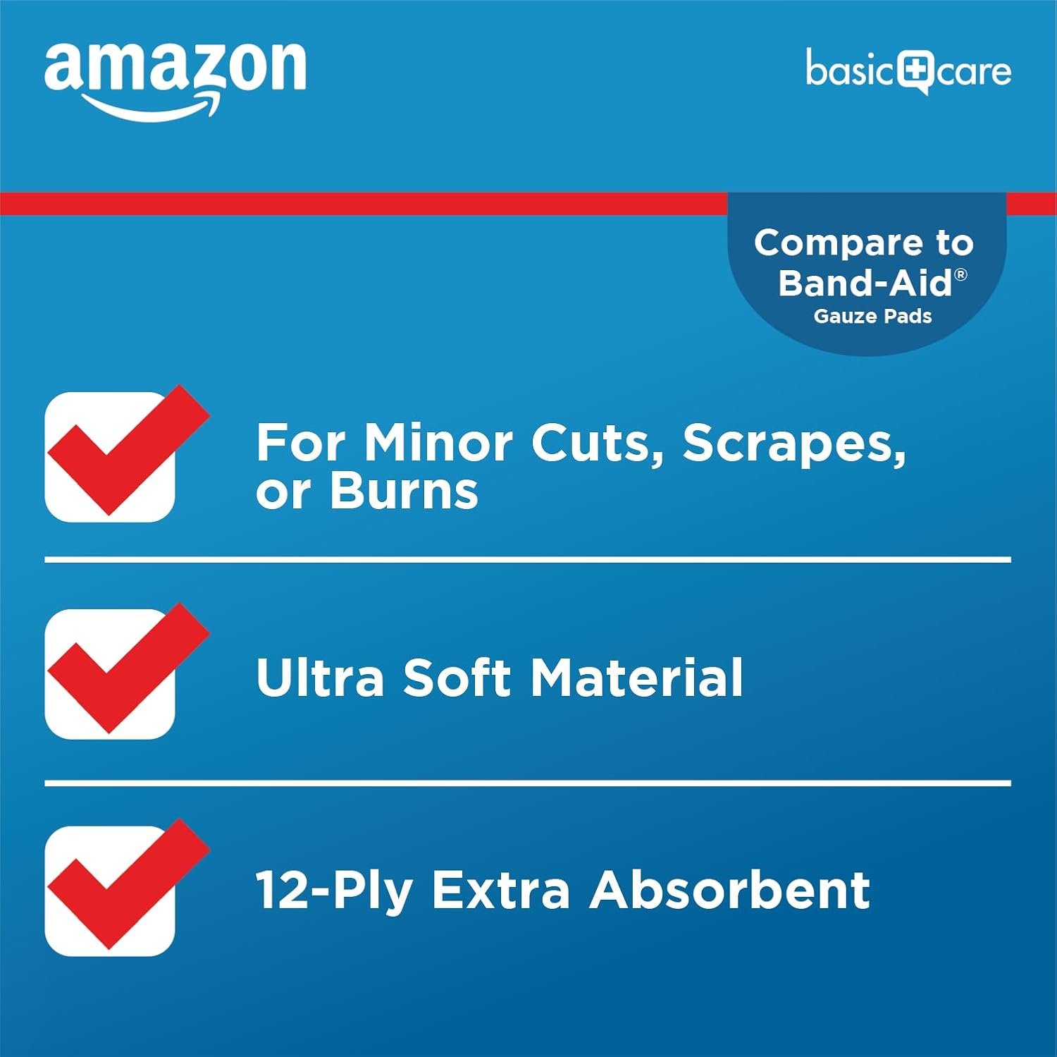 Amazon Basic Care Gauze Pads, 3x3 inches Sterile Medical Wound Dressing Sponges, 12-Ply, Ultra Soft, Extra Absorbent, 50 Count, 1-Pack (Previously All Health) - Image 4