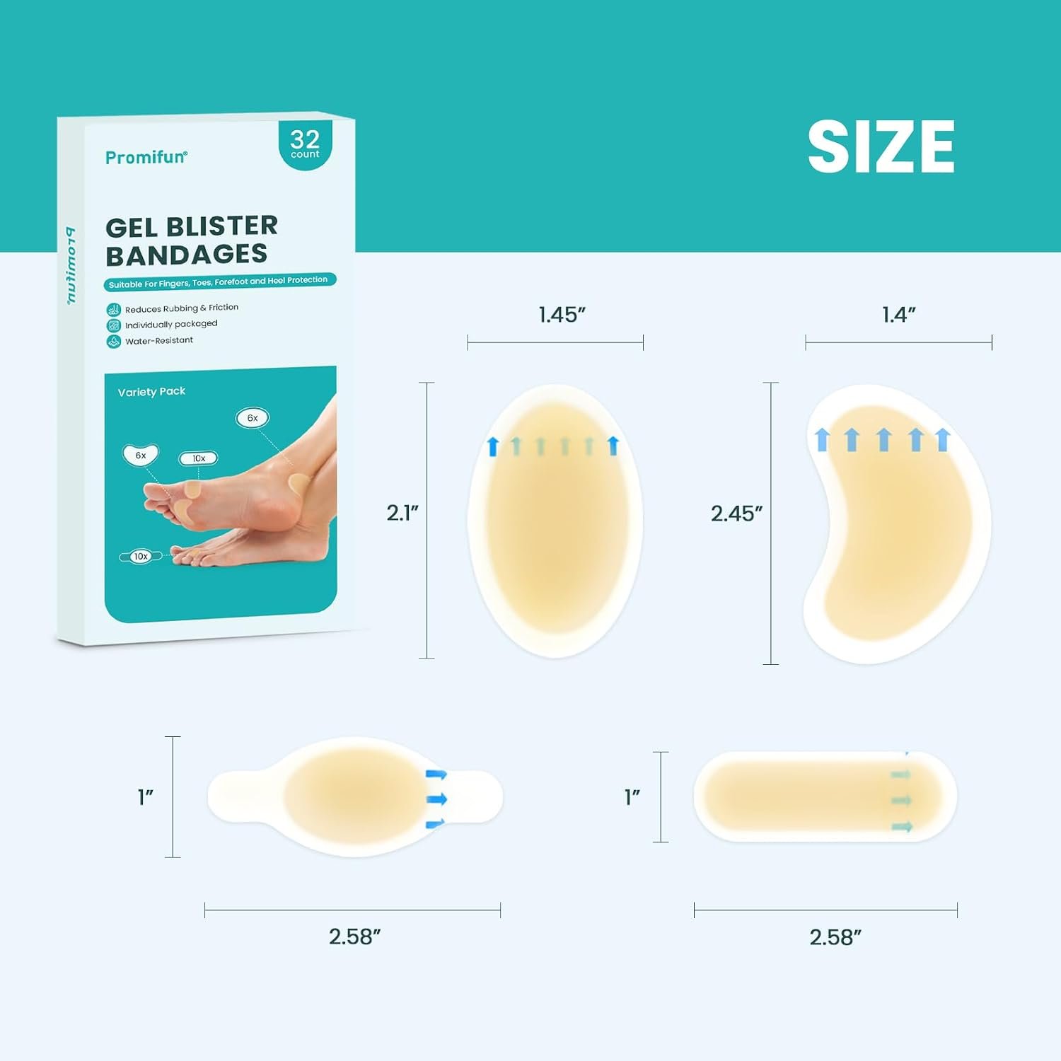 Hydrocolloid Gel Blister Bandages Pads - (Variety Pack) Promifun 32ct Waterproof Adhesive Blisters Bandages - Blister Pads for Heel, Foot, Toe, Feet - Gel Blister Chshions for Prevention & Recovery - Image 4