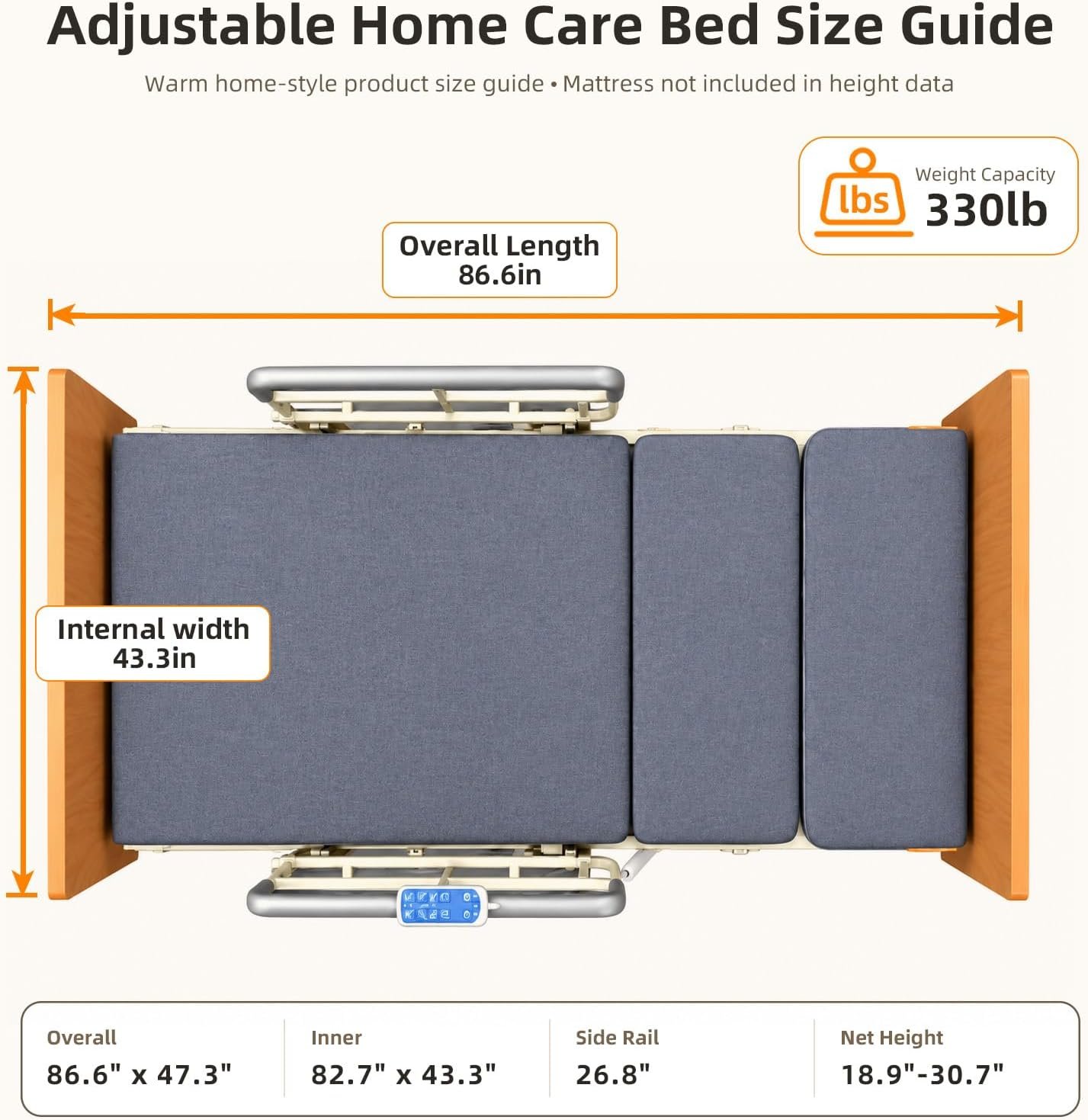 Extra-Wide 43.3" Rotating Electric Hospital Bed for Home Use, 90° Sit-to-Stand Nursing Medical Bed for Seniors & Disabled, Adjustable Height, Backrest & Leg Rest, 550 lbs Capacity, 3.15'' Mattress - Image 6